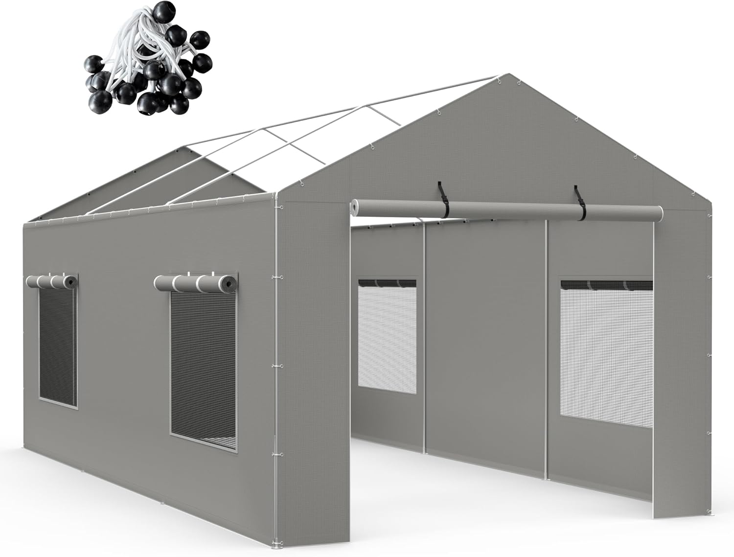 2 Pack Carport Canopy Replacement Sidewalls with Roll-up Windows, 2 Pack Zipper Doors for 10x20FT, Waterproof & UV Protected, Easy Assembly with Ball Bungees, Grey (Frame and Top Cover Not Included)