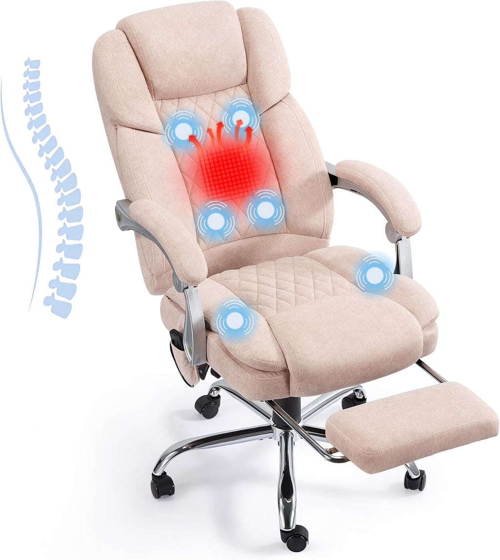 HOMREST 6-Point Massage Office Chair with Footrest, Heated Executive Office Chair with Reclining Backrest, Velvet Ergonomic Computer Desk Chair with Padded Armrest,Pink