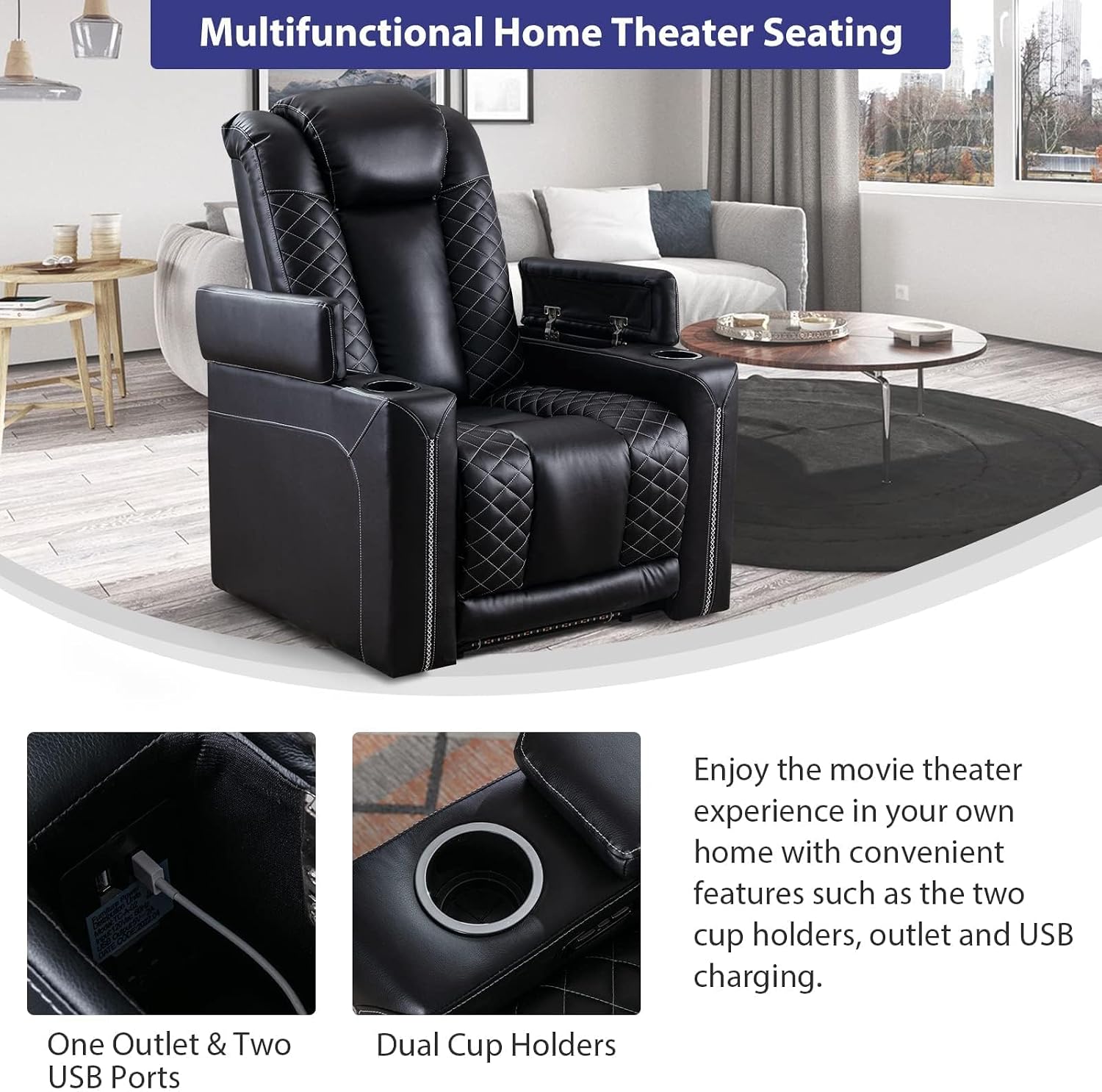 CANMOV Electric Recliner Chairs Set of 3, Breathable Faux Leather Home Theater Seating Recliner with Ambient Lighting, Power Recliner Chairs with USB Ports, Cup Holders, Hidden Arm Storage, Black