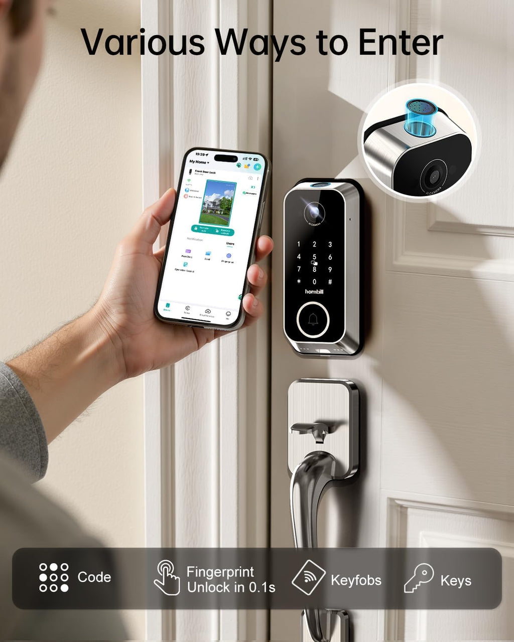 Smart Front Door Lock Sets: 2K HD Camera Lock with Doorbell Kits, Hornbill Fingerprint Keyless Entry Door Lock with Handles, WiFi Deadbolt(only 2.4G) for Remote Control, APP/Alexa/PIR,Satin Nickel