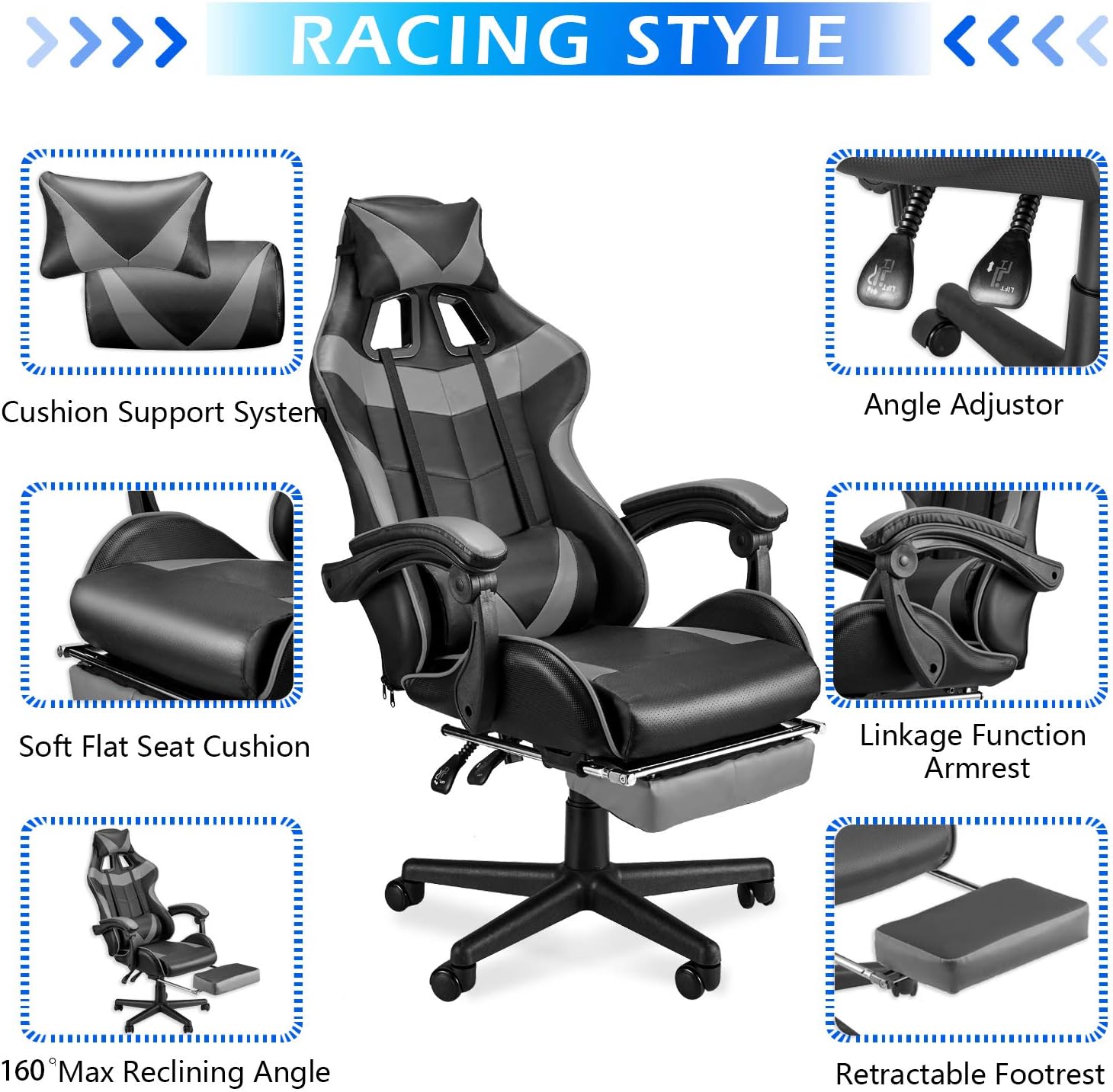 Soontrans Grey Gaming Chairs with Footrest,Ergonomic PC Computer Game Chair,Home Office Desk Chair with Headrest and Lumbar Support Gamer Chair for Adult