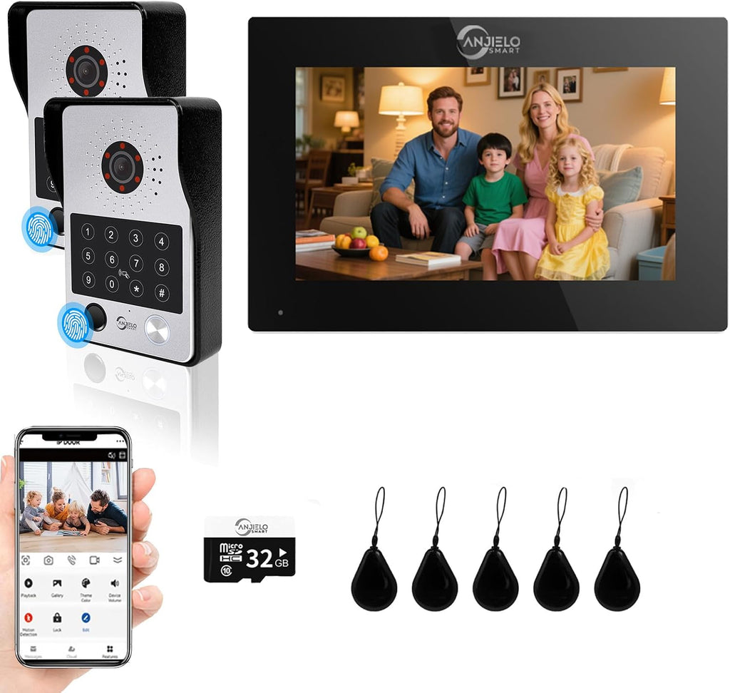 7-Inch Smart Video Intercom System,1080P HD Wired Doorbell with Touchscreen Monitor,Fingerprint, RFID & PIN Unlock,Tuya Smart App Control,Ideal for Homes, Villas & Apartments (2 doorbell + 1 Monitor)