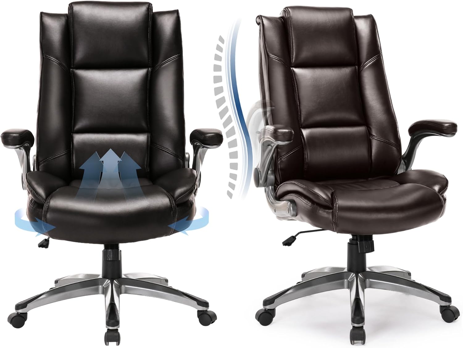 COLAMY Leather Executive Office Chair Set of 2 - High Back Ergonomic Home Computer Desk Chair with Padded Flip-up Arms, Adjustable Tilt Lock, Swivel Rolling Chair for Adult Working Study, Brown