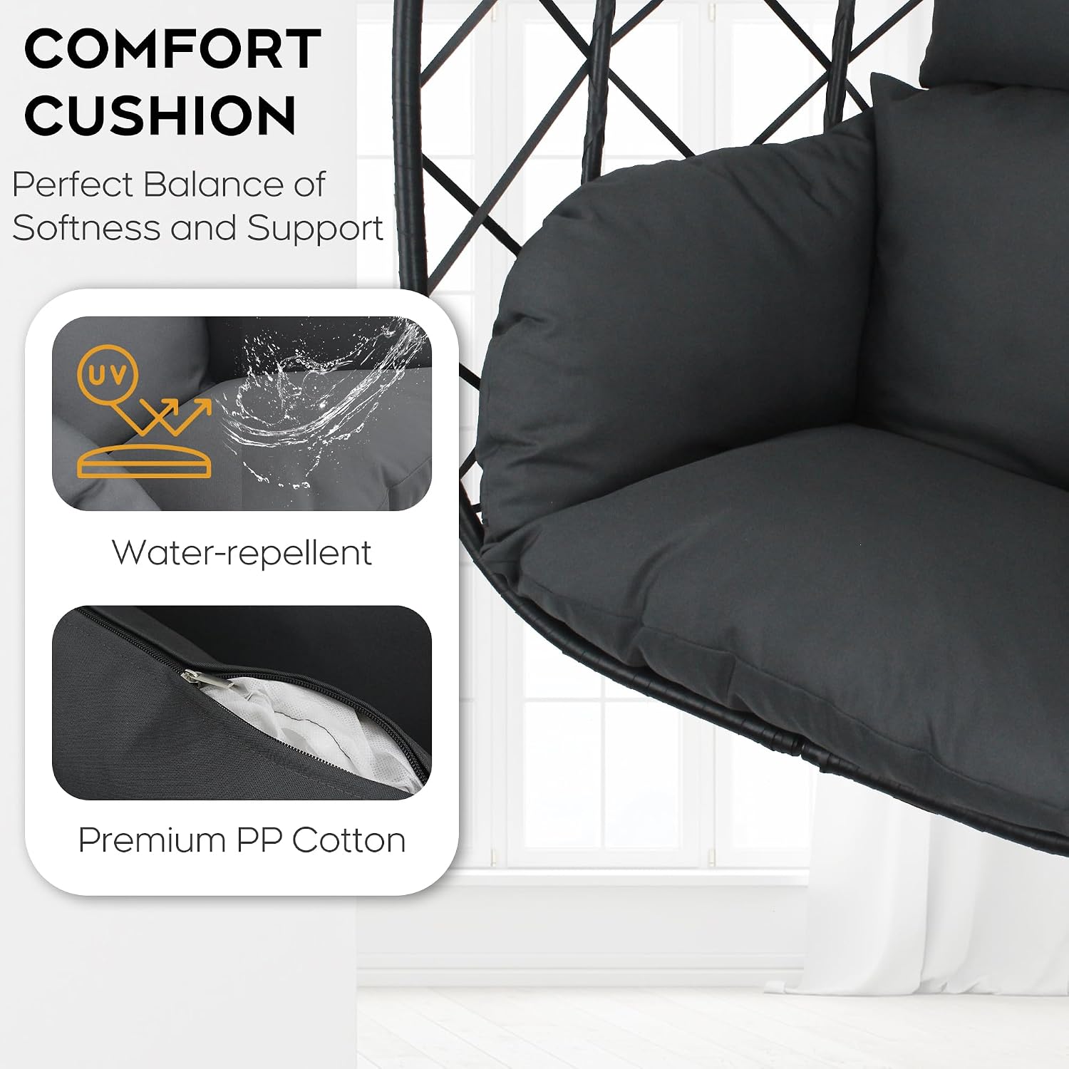 Foldable Hanging Egg Chair with Stand - Wicker Swing Hammock Chair with Cushion - for Patio Porch Balcony Weight Capacity 350lbs (Dark Gray)