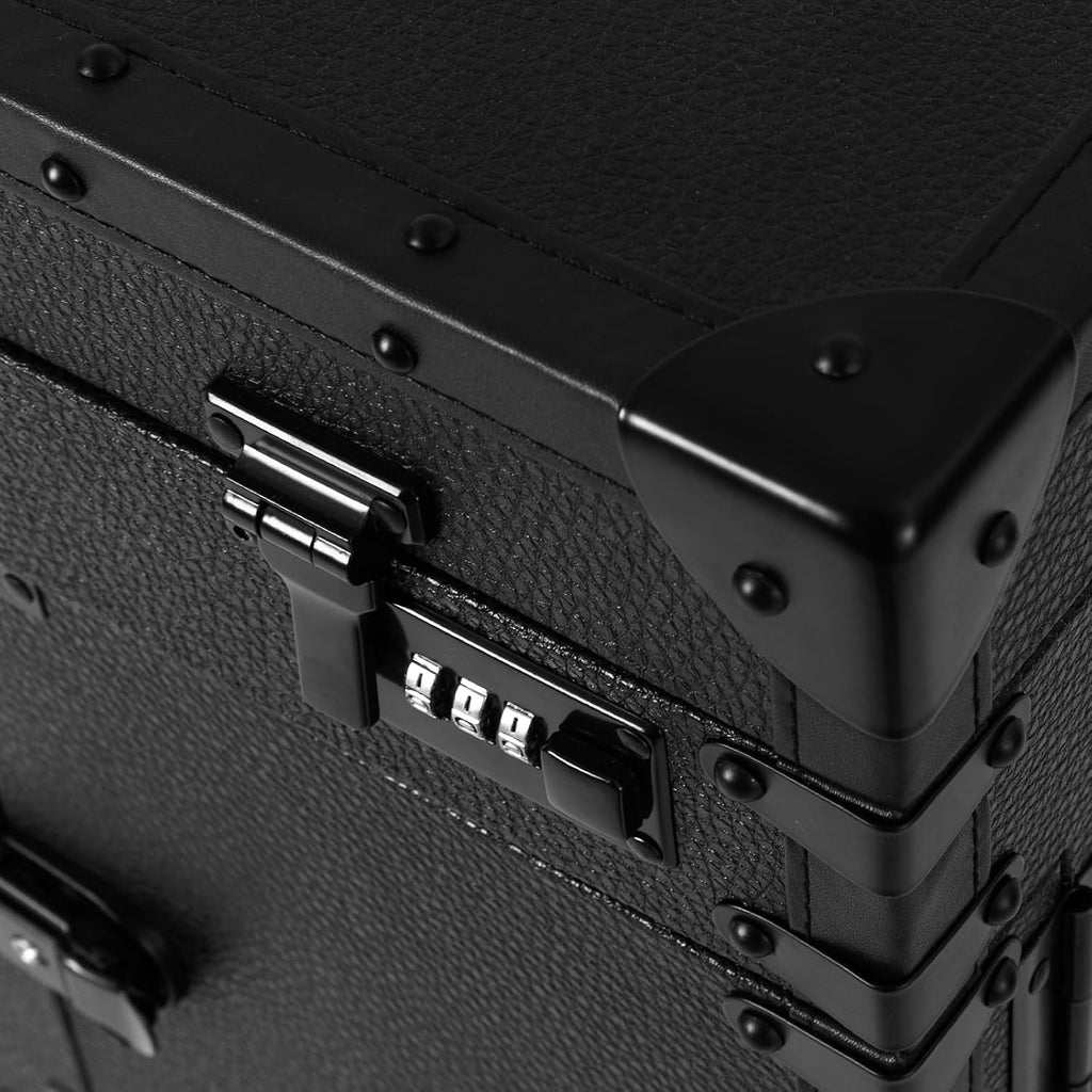 Rolling Lockable Makeup Train Case, Cosmetology Case on Wheels Hairstylist Traveling Bag with Hairdryer Holder, Salon Storage Toolbox with Carry Handle and Trolley (Pure Black)