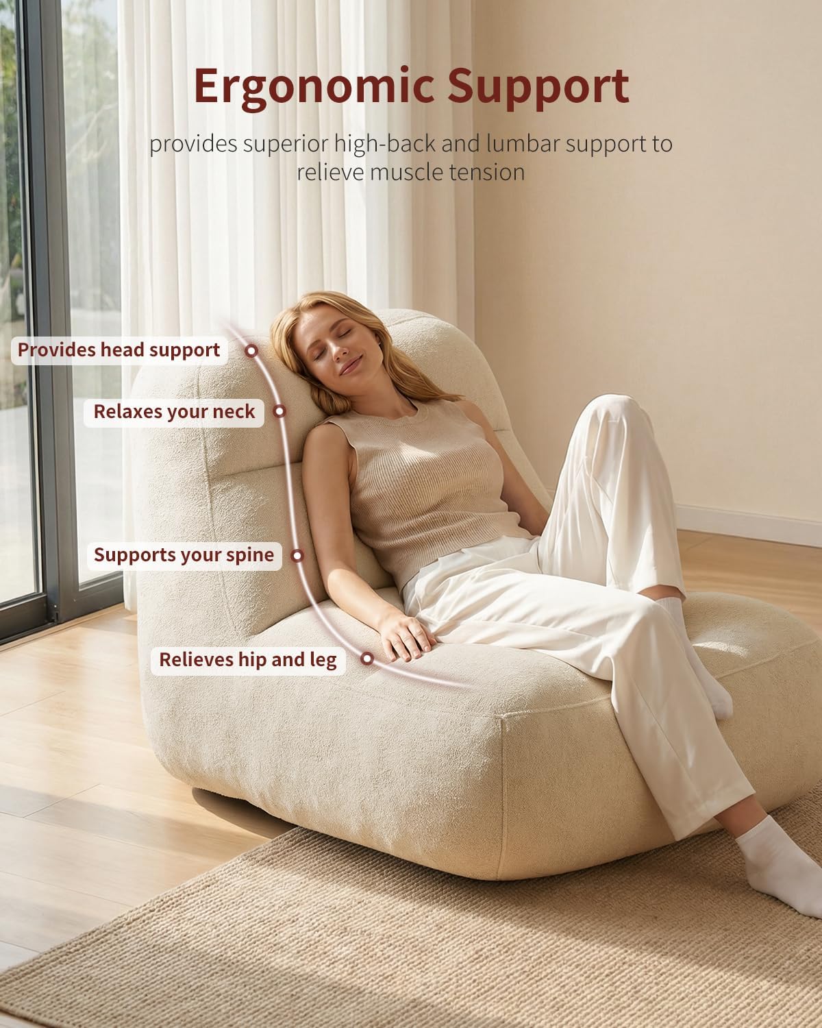 Relefree Giant Bean Bag Chair for Adults, High-Back Memory Foam Bean Bag, Comfy Boneless Chair, Lounge Chair for Bedroom, Living Room, Gaming, Reading Nook