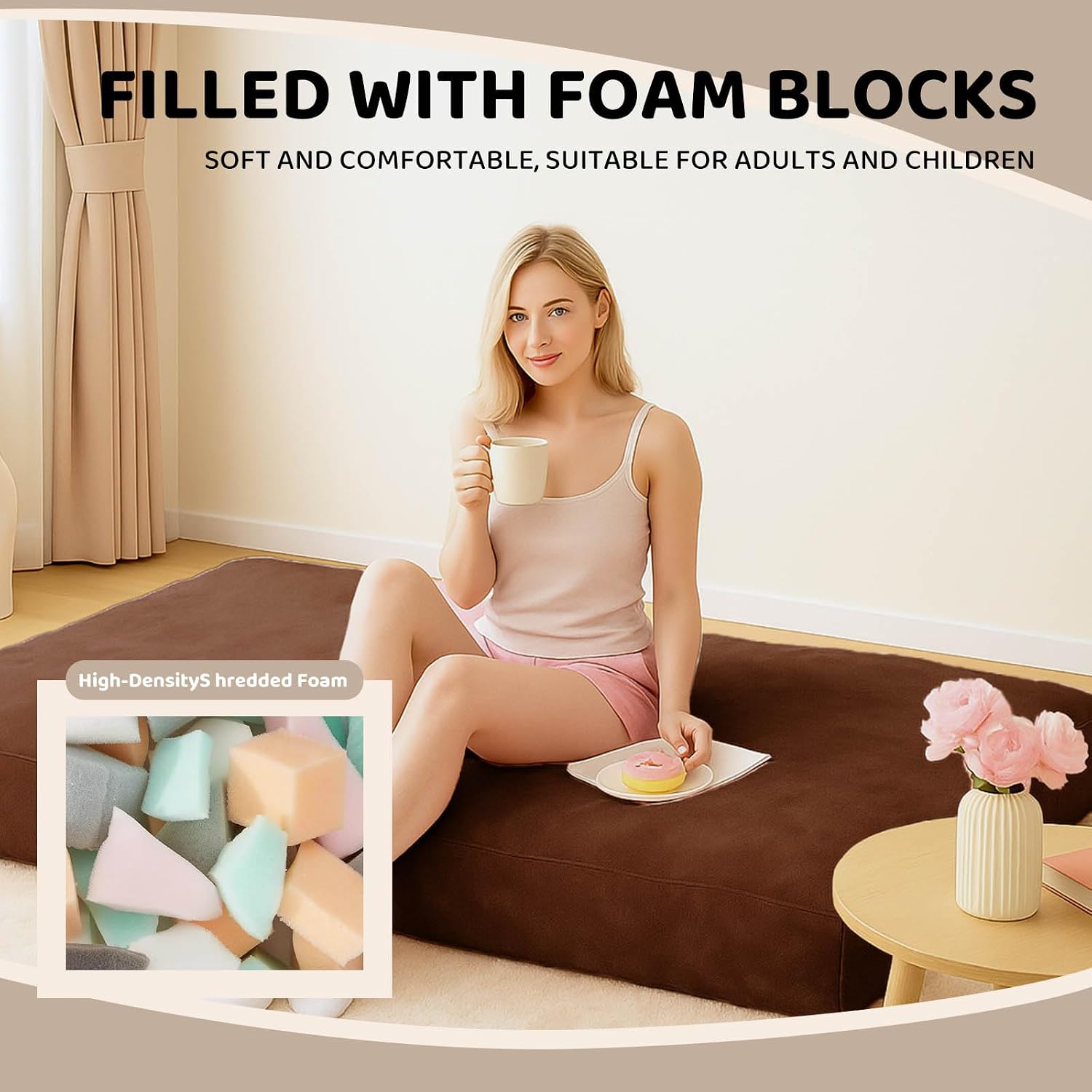 Adult bean bag chair bed, bean bag sofa with filling, memory foam, comfortable floor sofa bed, boneless floor chair, suitable for living room bedroom dormitory balcony lounge (Coffee Color, Chair Bed)