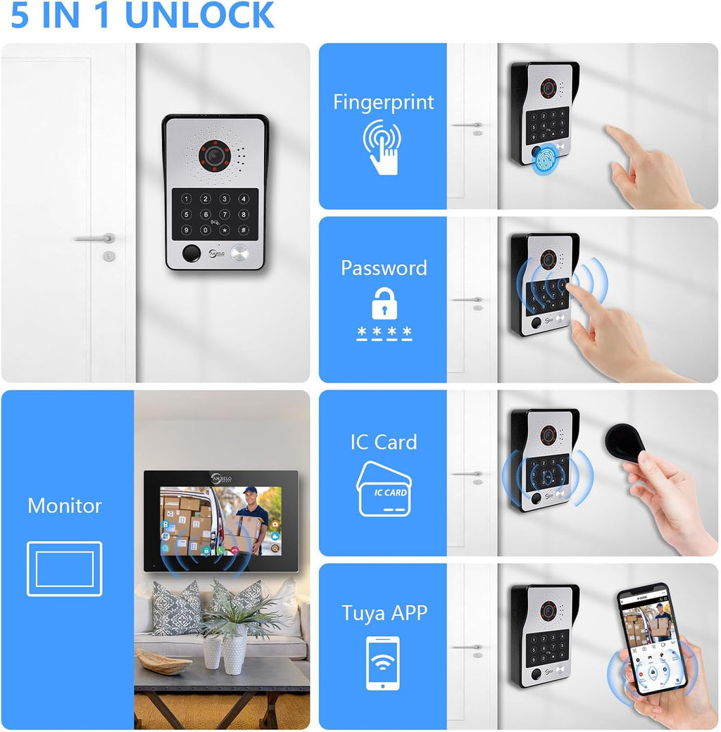 7-Inch Smart Video Intercom System,1080P HD Wired Doorbell with Touchscreen Monitor,Fingerprint, RFID & PIN Unlock,Tuya Smart App Control,Ideal for Homes, Villas & Apartments (1 doorbell + 2 Monitor)