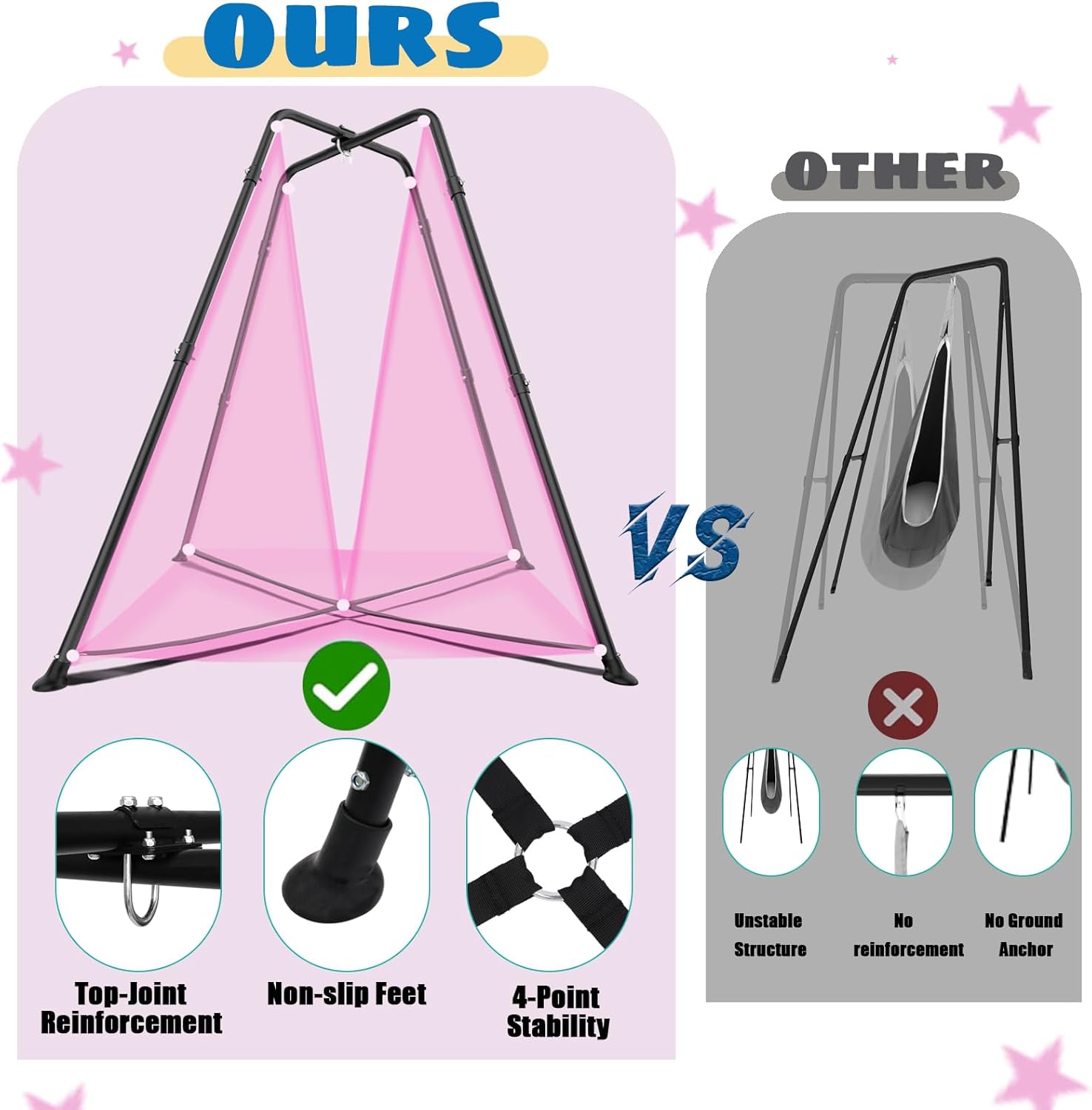 Swing Stand Frame with Sensory Pod Swings and Chair,X-Shaped Swing Set,Heavy-Duty Metal Hammock Chair Stand, Indoor Outdoor 330LBS(Pink)