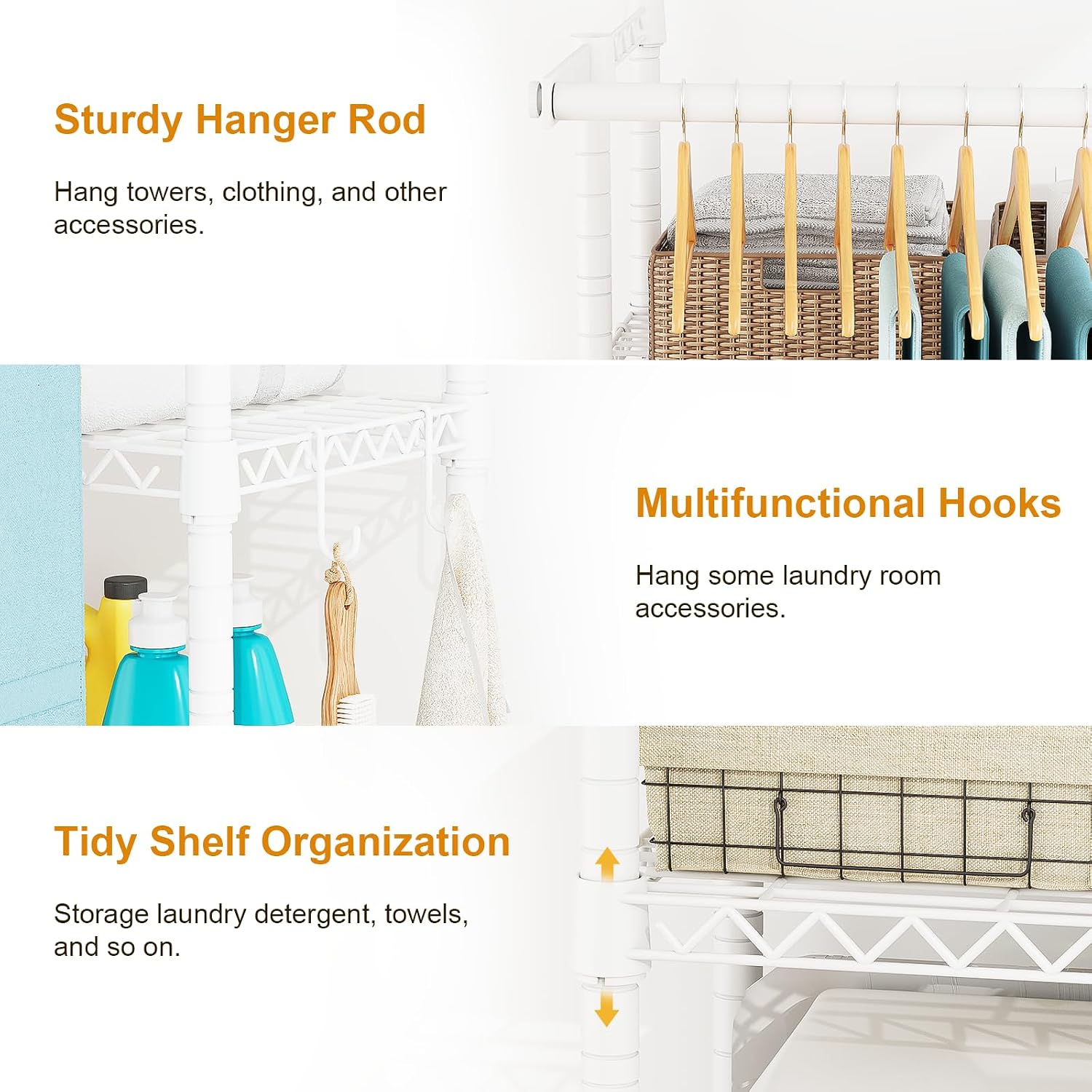 ULIFHOME U14 Over Washer and Dryer Storage Shelves, 4 Tiers Laundry Room Storage and Organizer System, Space Saving Clothes Drying Rack with 2 Clothes Hanger Rods, 66.5' W x 20.5' D x 77.4' H, White
