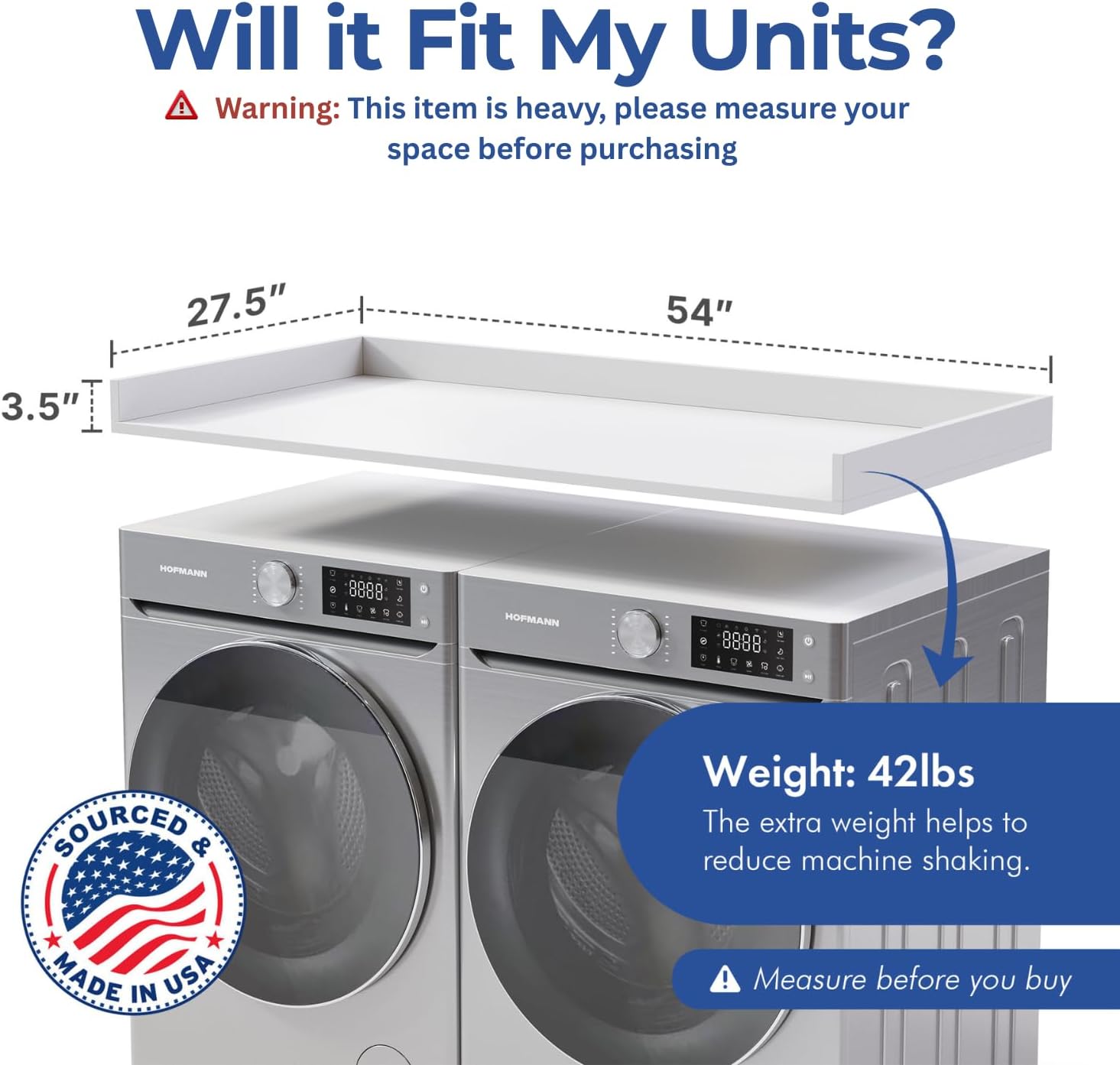 OfficeSimpli Washer Dryer Countertop, Made in USA, Non-Slip Pads, Laundry Room Wood Topper, Washer Dryer Cover for Top, Laundry Countertop, Laminate Finish (Glacier White, Standard (27.5' x 54'))