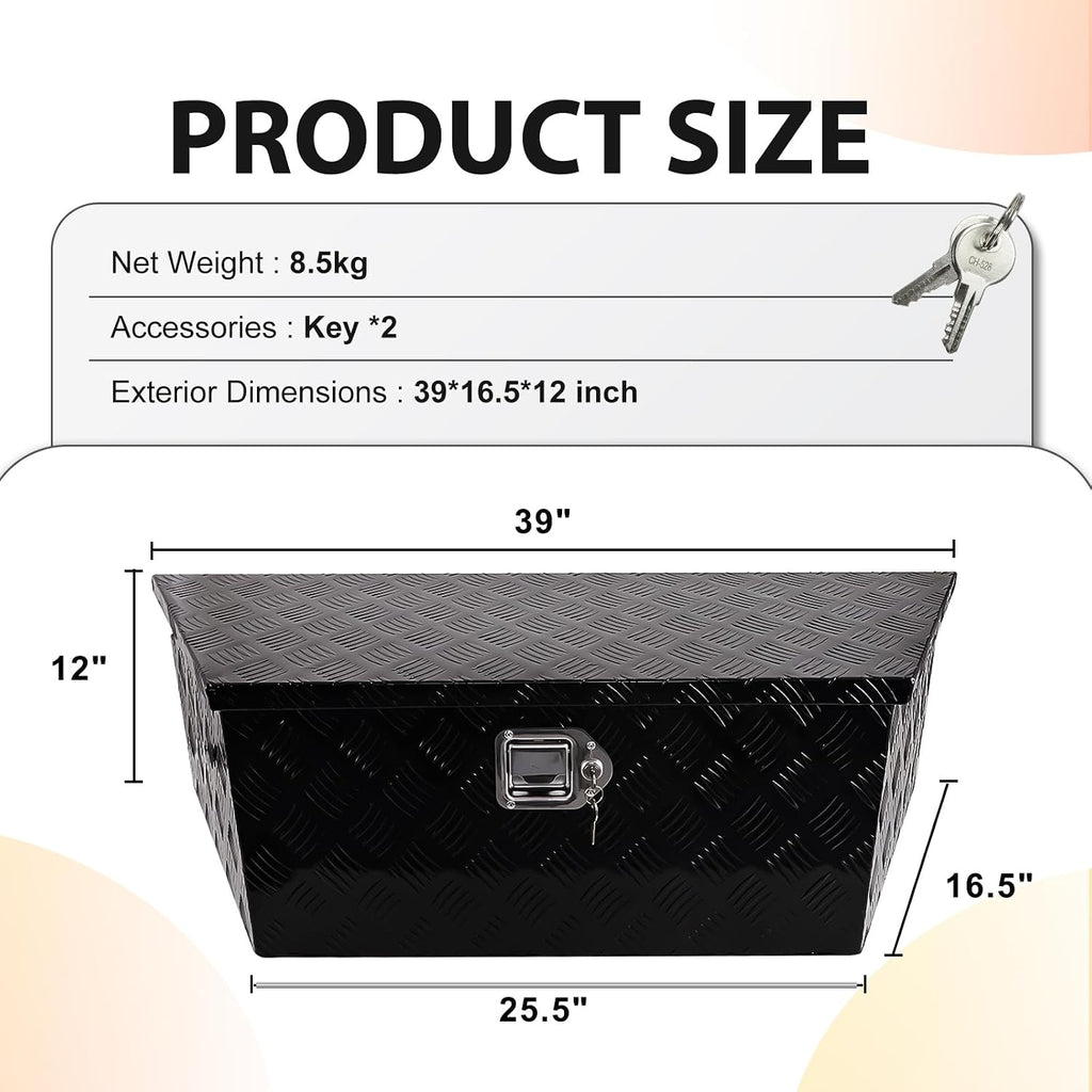 39 Inch Trailer Tongue Tool Box, Aluminum Trailer Tool Box with Lock and 2 Keys, 39' x 16.5' x 12' Heavy Duty Trailer Storage Box for Pickup Truck Bed, Black