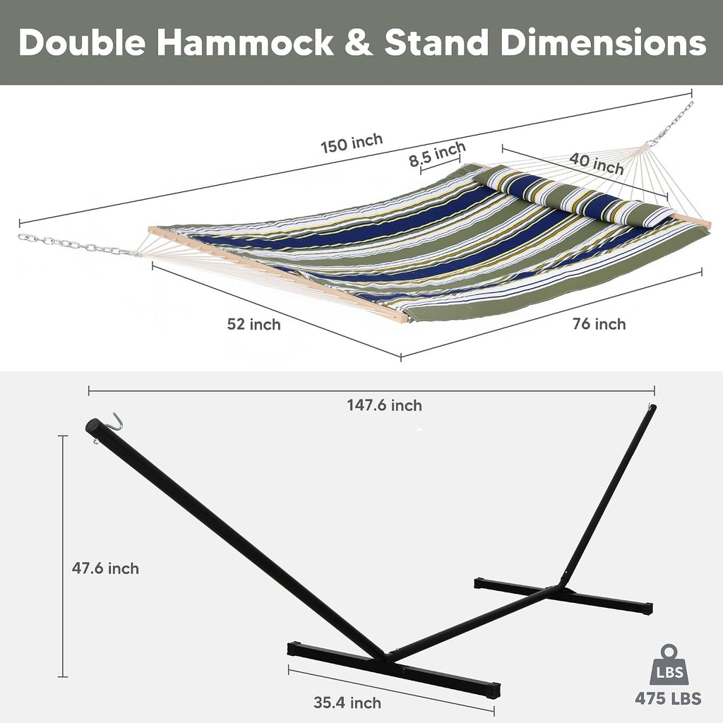 SUNCREAT Hammocks Double Outdoor Hammock with Stand, Cotton Rope Two Person Hammock with Polyester Pad & Large Pillow, Carrying Bag, Blue& Gray