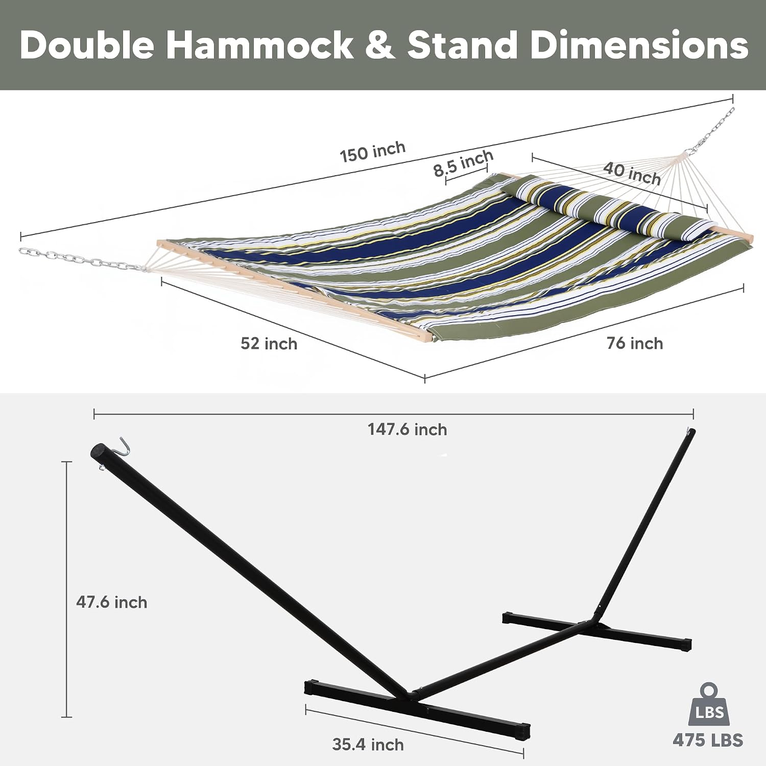 SUNCREAT Hammocks Double Outdoor Hammock with Stand, Cotton Rope Two Person Hammock with Polyester Pad & Large Pillow, Carrying Bag, Blue& Gray