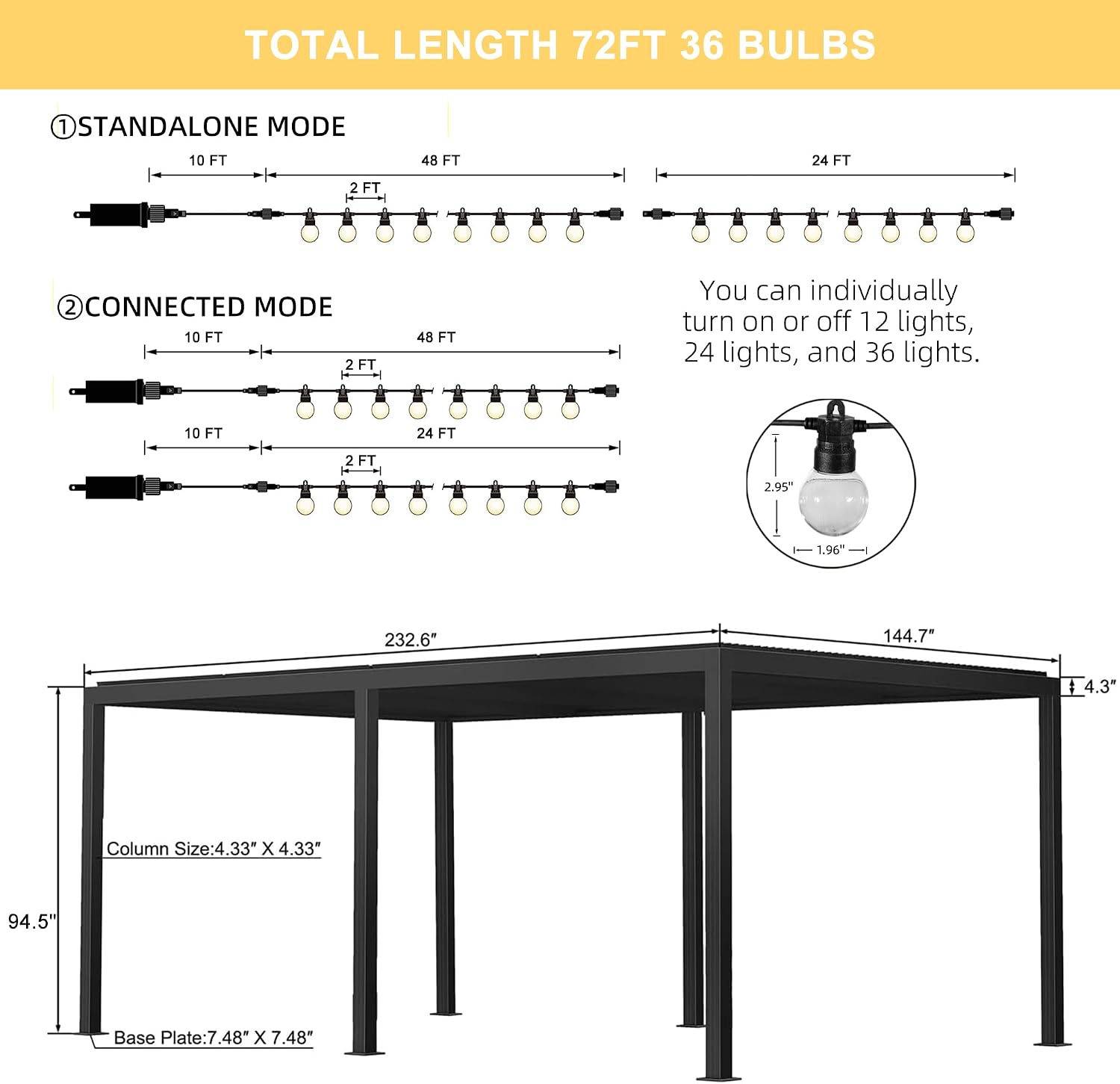 PURPLE LEAF Louvered Pergola 94AS 12' x 20' Outdoor Aluminum Pergola with Two Independently Adjustable Roof with 36 Light Bulbs for Backyard Garden