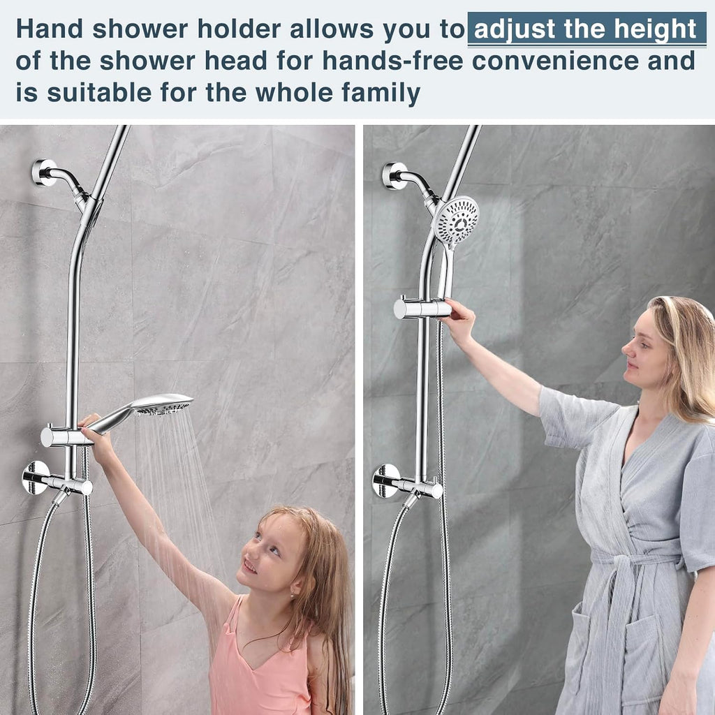 BRIGHT SHOWERS Rain Shower Head Combo with Solid Brass Slide Bar & Diverter, Dual High Pressure Shower Heads with 5-Setting Handheld, Adjustable Height, 60' Stainless Hose, Brushed Nickel