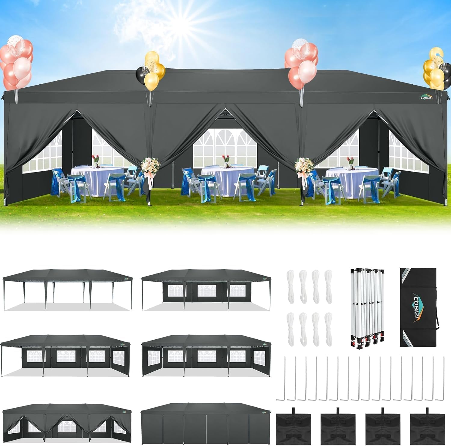 COBIZI 10x30 Canopy Party Tent with 8 Walls 10x30 Pop Up Canopy for Parties Waterproof UPF 50+ Outdoor Commercial Event Tent for Party Backyard Gazebo Canopy with Sidewalls & Sandbags(Gray)