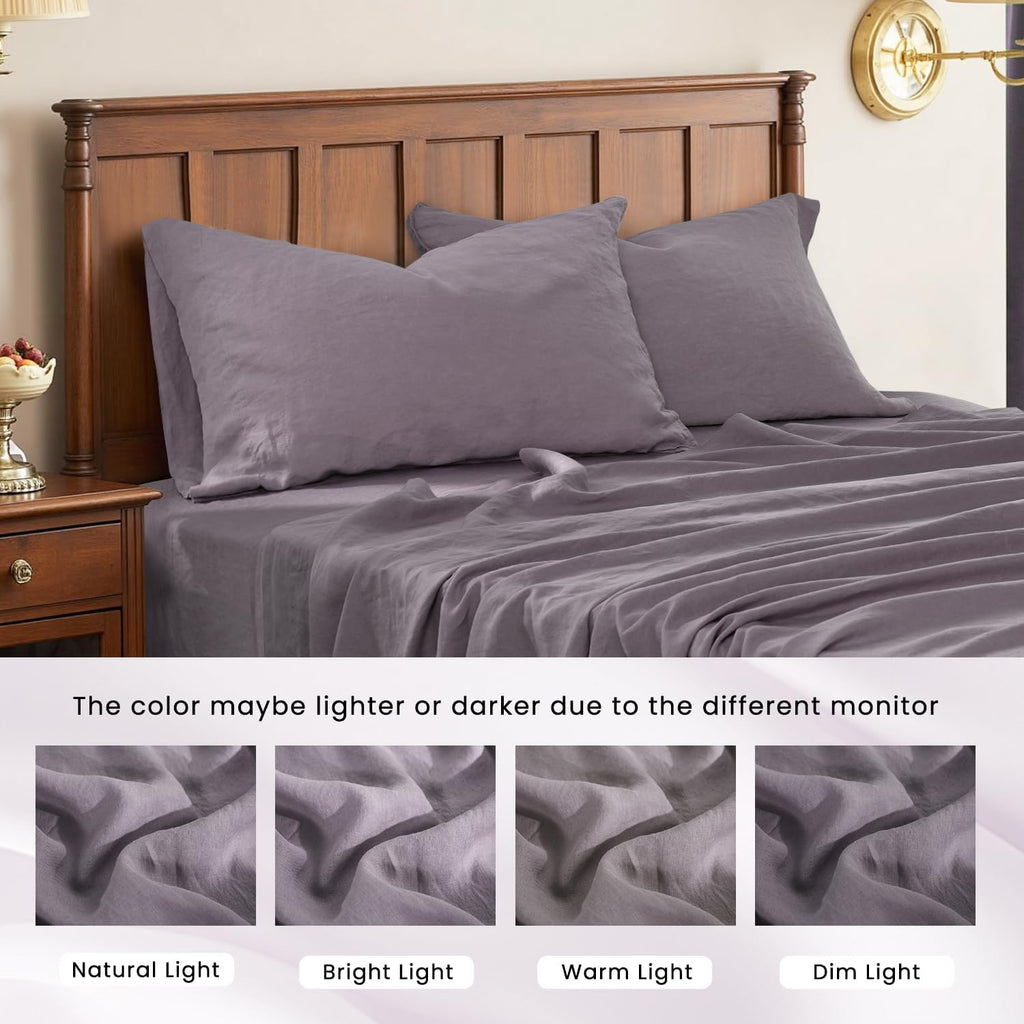 S VICTORY SYMBOL 100% Organic Linen Sheets Set King Size,Washed French Flax Bed Sheets 4 Pieces(2 Pillowcases,1 Fitted Sheet,1 Flat Sheet) 16inch Deep Pockt,Breathable,Dusty Purple