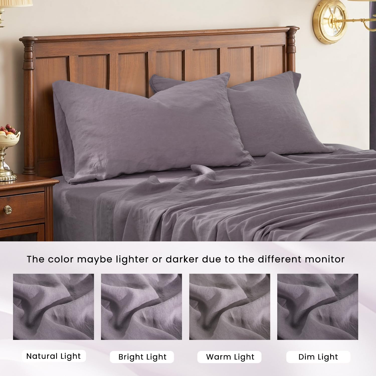 S VICTORY SYMBOL 100% Organic Linen Sheets Set King Size,Washed French Flax Bed Sheets 4 Pieces(2 Pillowcases,1 Fitted Sheet,1 Flat Sheet) 16inch Deep Pockt,Breathable,Dusty Purple