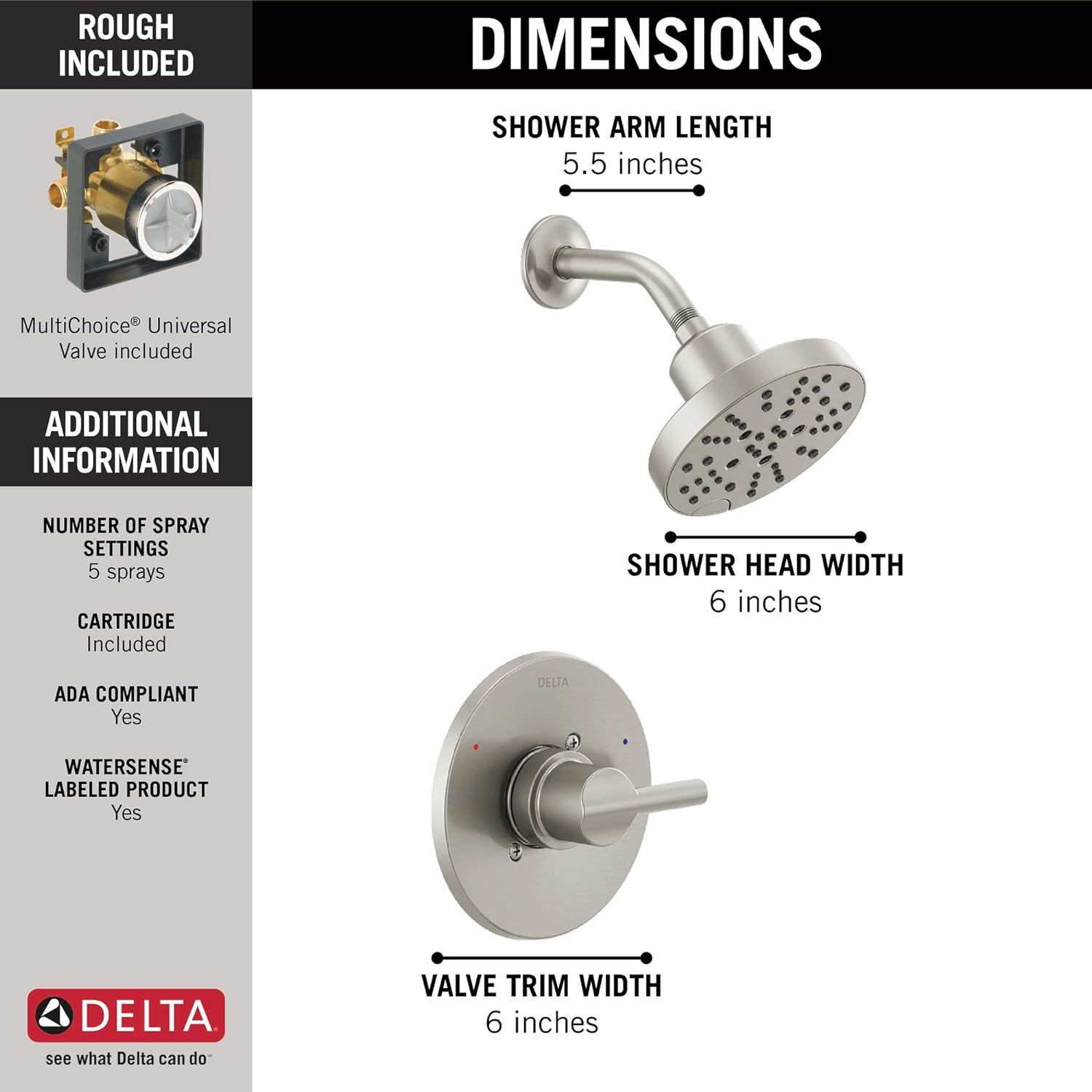 Delta Nicoli 14 Series H2Okinetic Shower Faucet Set, Brushed Nickel Shower Head and Handle Set, Valve Trim Kit, Stainless 142749-SS (Shower Valve Included)