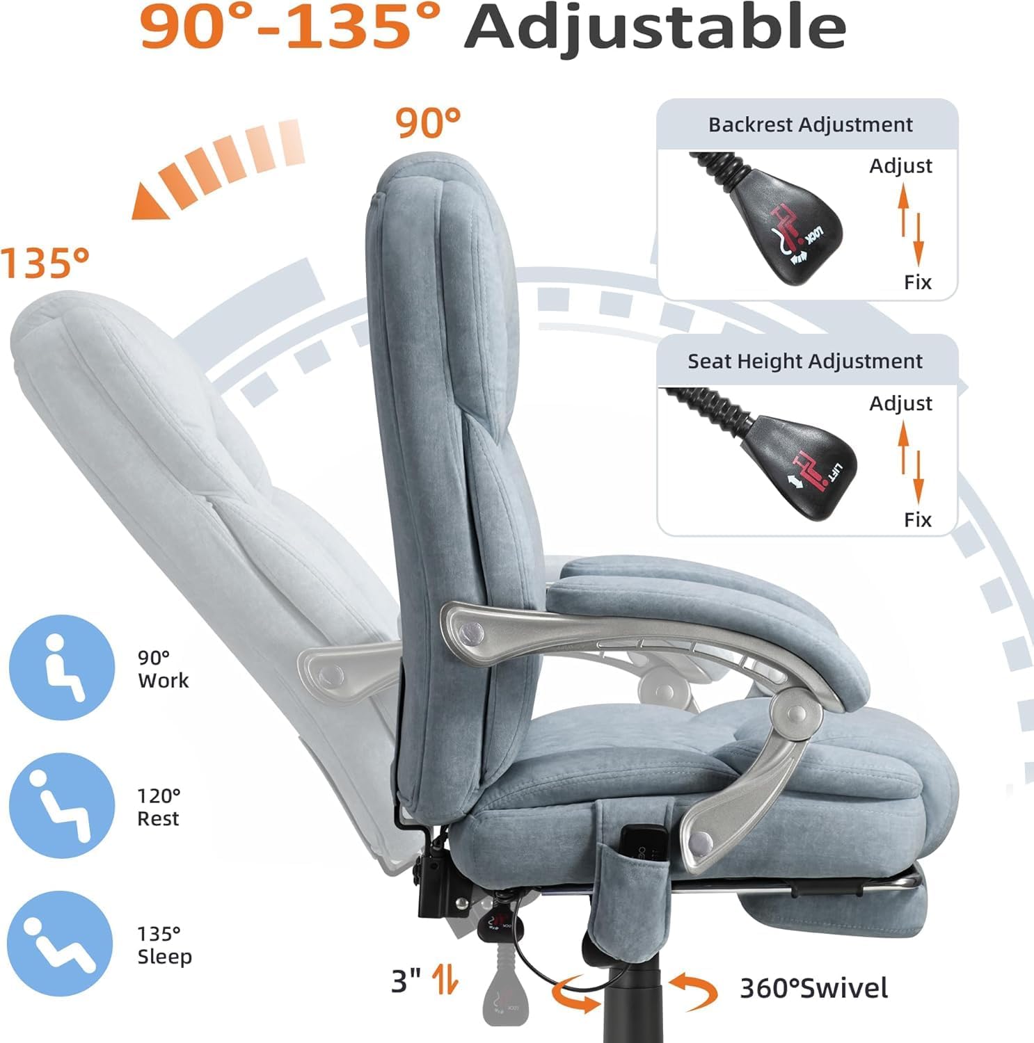HOMREST 6-Point Massage Office Chair with Reclining Backrest, Heated Executive Office Chair, Velvet Ergonomic Computer Desk Chair with Footrest & Padded Armrest, Airy Blue