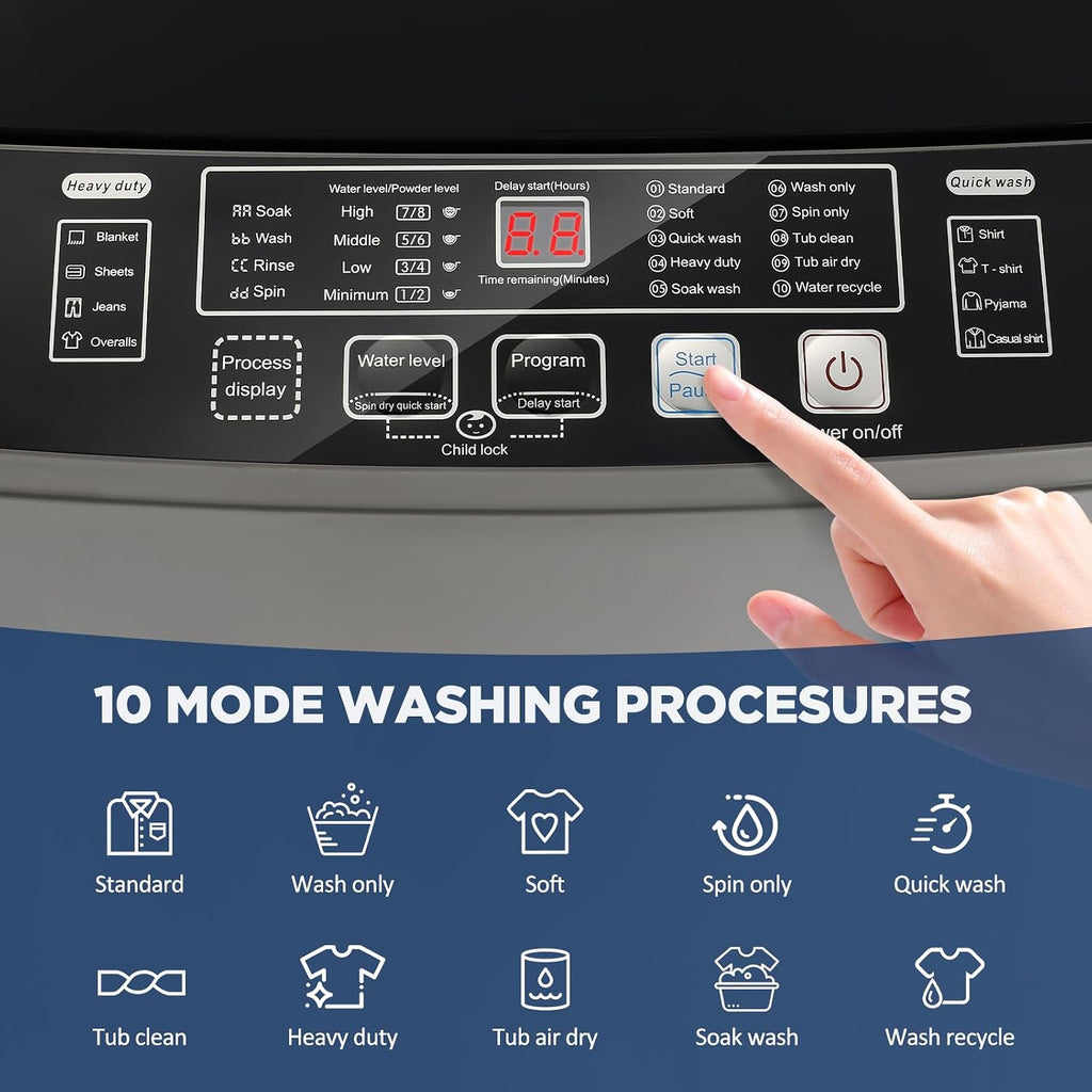 YASHE 17.6Lbs Portable Washing Machine, Full-Automatic Portable Compact Washer with Drain Pump, 10 Programs 8 Water Levels, Compact Washers with LED Display for Apartment Home RV Dorm