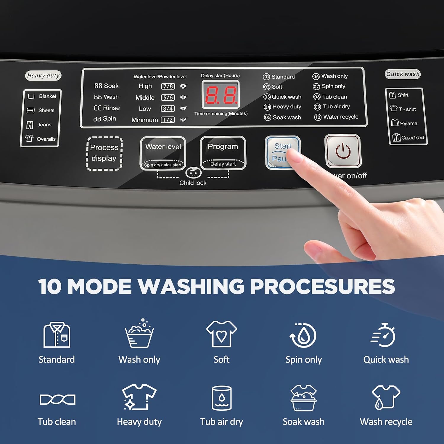 YASHE 17.6Lbs Portable Washing Machine, Full-Automatic Portable Compact Washer with Drain Pump, 10 Programs 8 Water Levels, Compact Washers with LED Display for Apartment Home RV Dorm