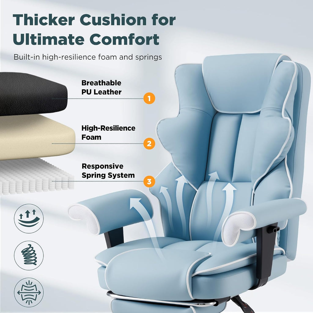HOMREST Ergonomic Executive Office Chair with 6-Point Vibration & Heat - Reclining Managerial Chair with Adjustable Footrest and Armrests,Big and Tall Leather Home Office Desk Chairs(Airy Blue)