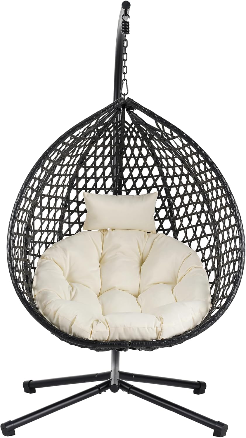 Egg Hanging Chair with Stand, Indoor Outdoor Hammock Egg Chair with Cushion for Patio Bedroom Balconyg Egg Chair (Beige+Beige)