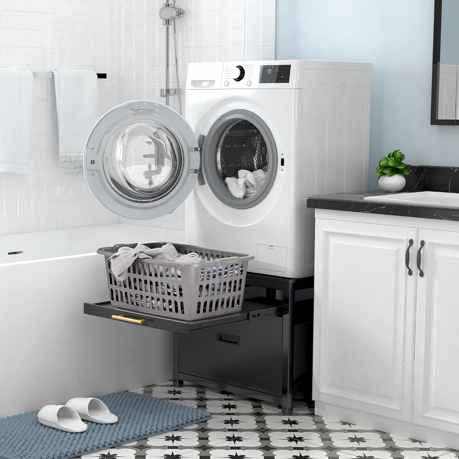 GDLF Washer Dryer Pedestal, 24.1' Laundry Pedestal for Compact Washing Machine, Washer and Dryer Stand with Shelf and Base Storage