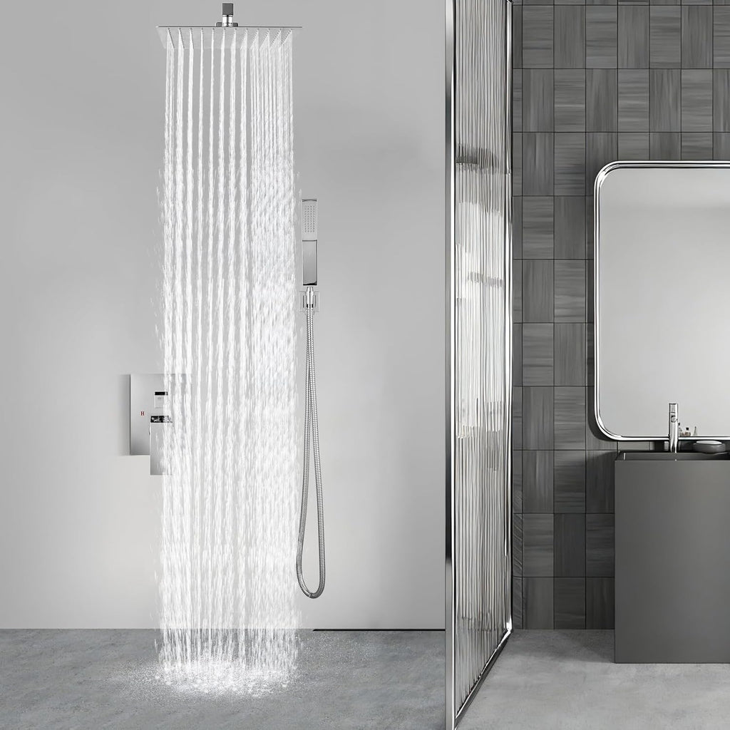 Aolemi Shower Faucet Set Rain Shower System with Handheld Spray Bathroom Shower Combo Rough-in Valve and Shower Trim Kit Included Polish Chrome 16 Inch Wall Mount Shower Head