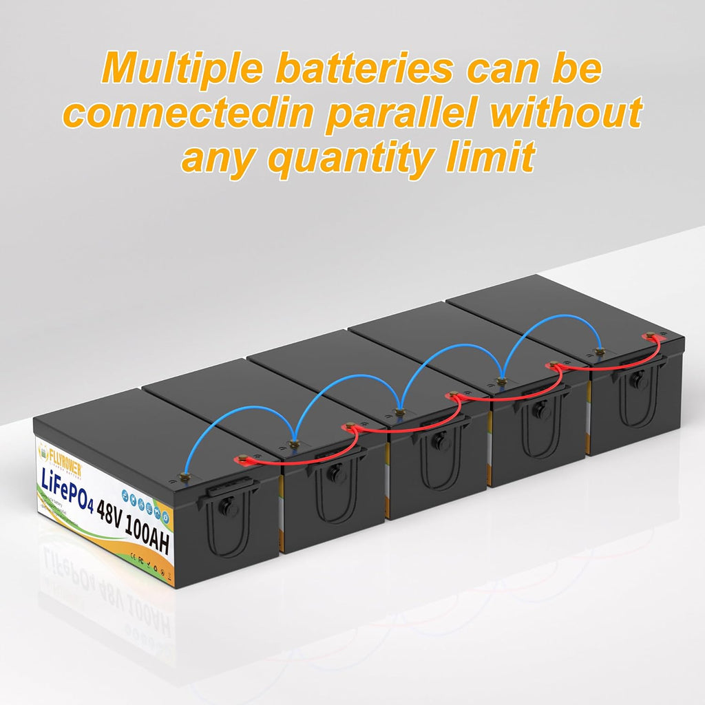 FLLYROWER Lithium Battery Bluetooth 48V 100AH with Smart 150A BMS 16500 Deep Cycles Lifepo4 Battery Grade A Cells Include a Monitor