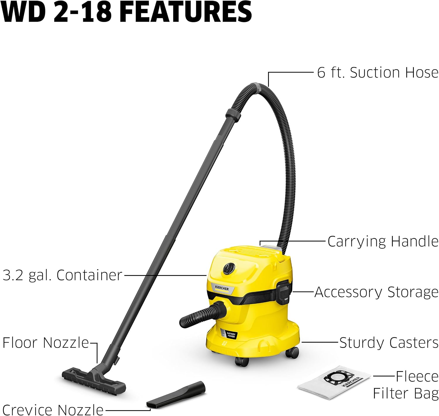 Kärcher WD 2-18 Battery Powered Wet Dry Shop Vacuum Cleaner with Blower Function & Attachements, Multi Purpose, 225 W- Cartridge Filter, Fleece Bag, Floor & Crevice Nozzle, 3.2 Gal - Tool Only