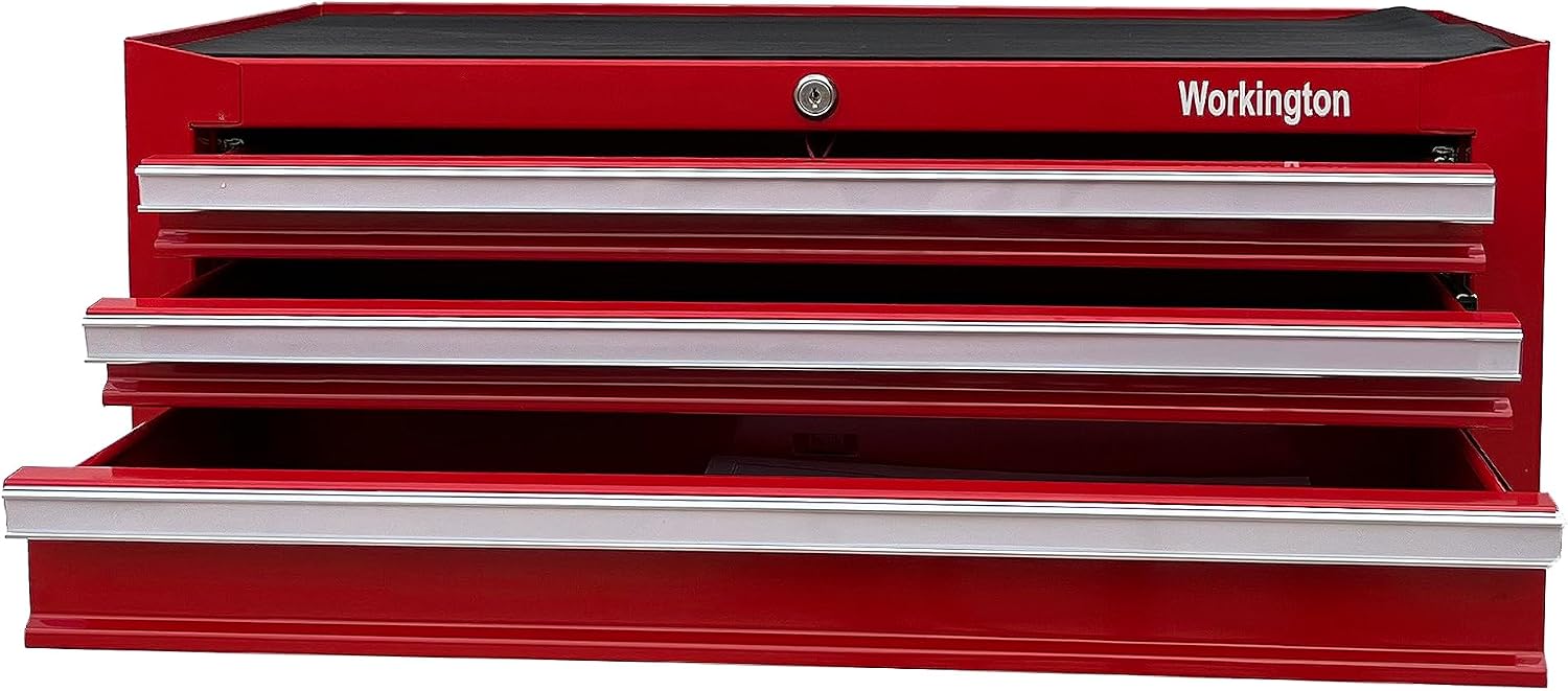 Workington Industrial 3 Drawers Portable Metal Intermediate Box, 26' Middle Tool Chest Cabinet with Ball Bearing Drawer Slides, Steel Tool Storage Box Organizer 4009 Red