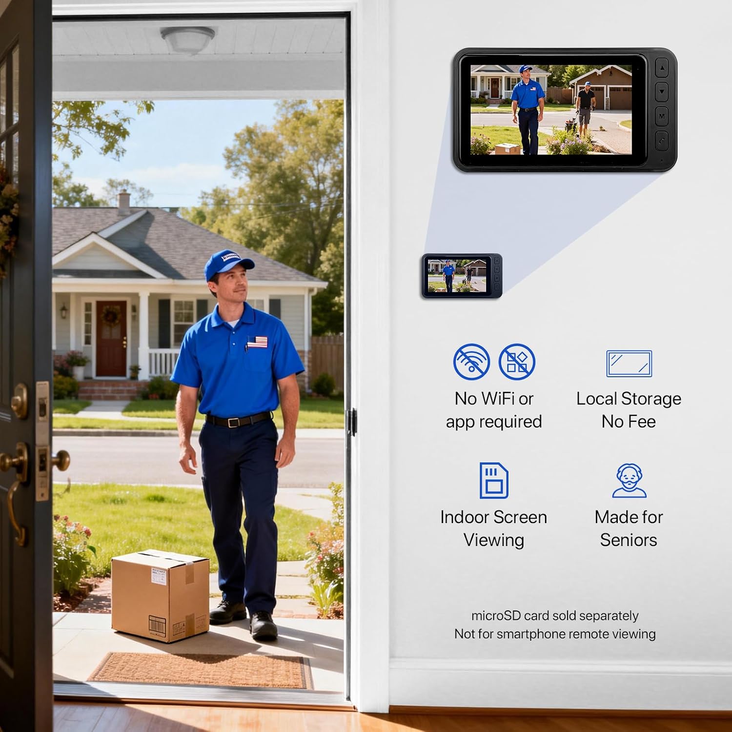 BOKKY Wireless HD Video Doorbell with 4.5'' Indoor Monitor, No WiFi or App Required, 2-Way Talk, Night Vision, Local SD Storage, Ideal for Seniors and Apartments