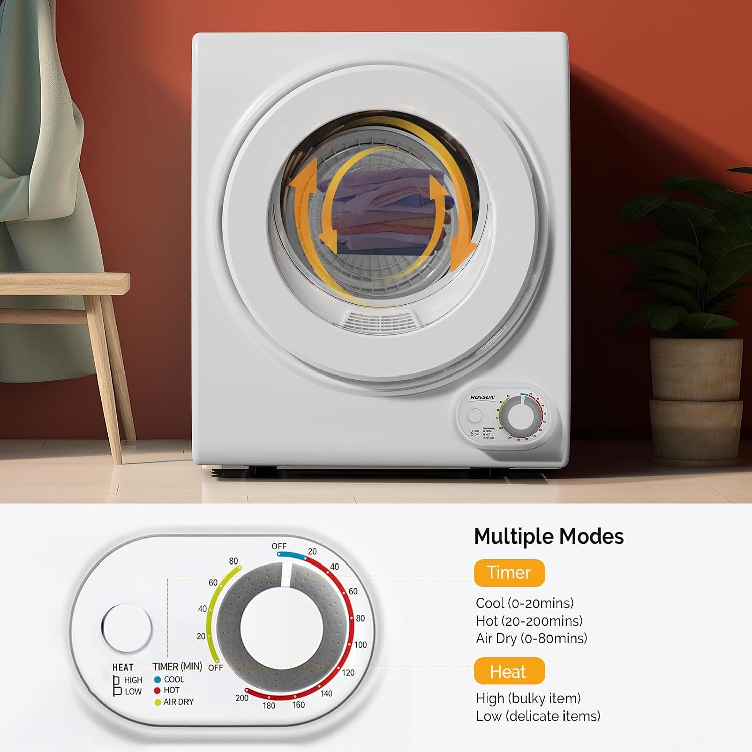 ROVSUN 110V Portable Clothes Dryer, High End Laundry Front Load Tumble Dryer Machine with Stainless Steel Tub & Simple Control Knob for Apartment, Dorm-850W, White