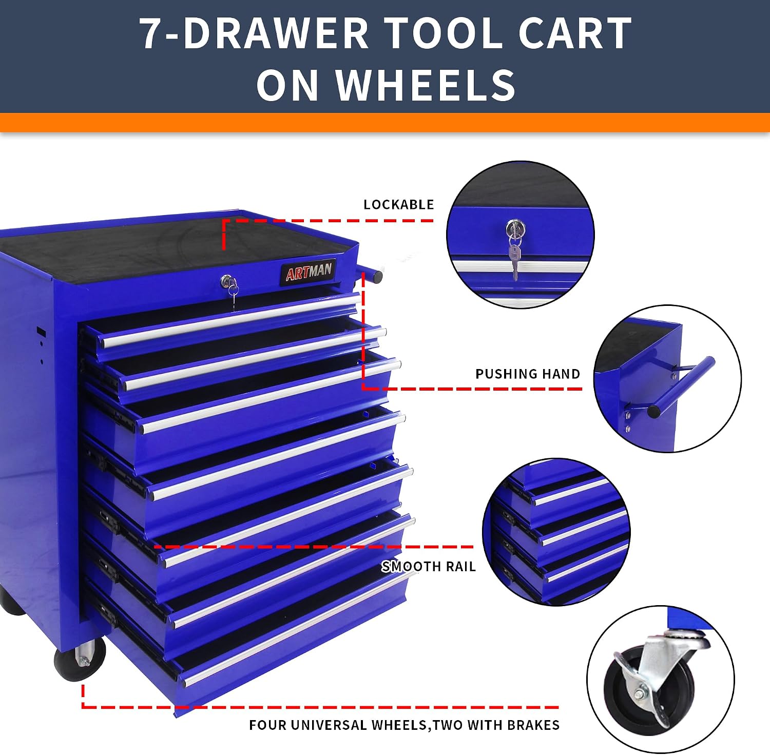 Larmliss 7-Drawer Rolling Tool Cart, Lockable Home Repair Tool Storage Organizer, Tool Box on Wheels,Tool Chest Cabinet for Mechanic, Garage