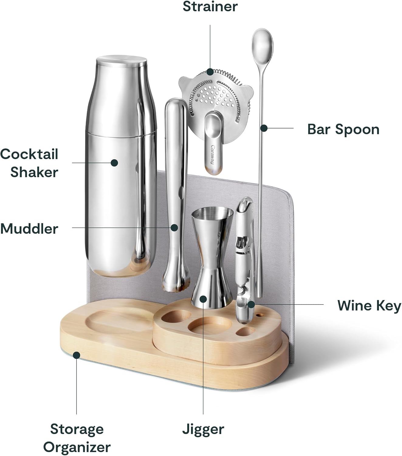 Caraway 9-Piece Complete Bar Set - Cocktail Shaker, Jigger, Muddler, Wine Key, Strainer, Bar Spoon, Storage Organizer, Magnetic Backer - Bartender Accessories - Tools for Home Bartending - Gray