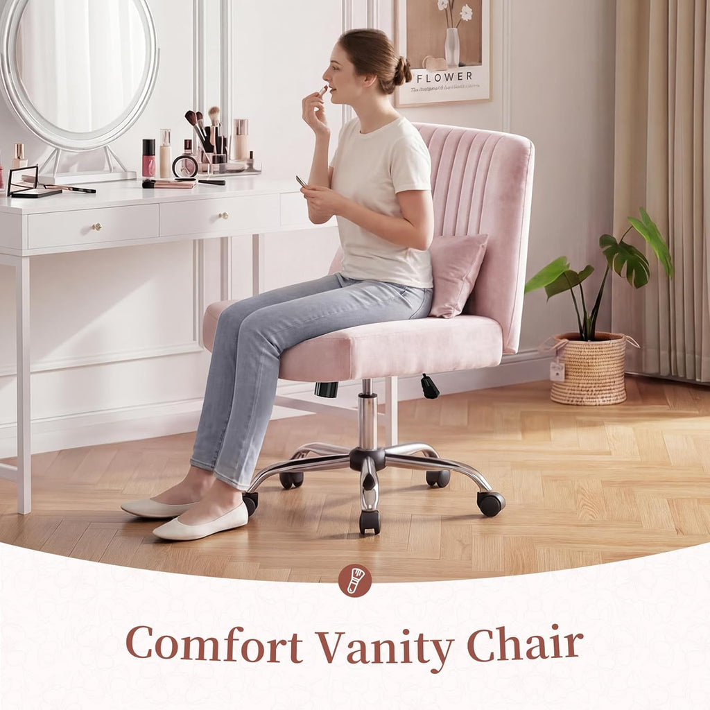 Velvet Criss Cross Chair with Wheels, Luxury Cross Legged Office Chair, Comfy Desk Chair for Home Office, Wide Seat Computer Chair, Armless Vanity Chair, Birthday Gift for Girls & Women, Blush Pink