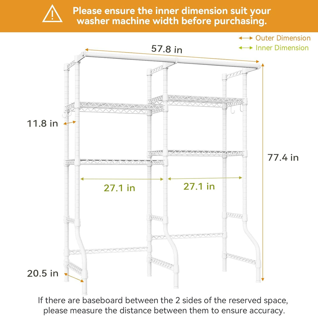 ULIFHOME U14 Medium Over the Washer and Dryer Shelves, 4 Tiers Laundry Room Storage and Organizer System, Space Saving Clothes Drying Rack with 2 Clothes Hanger Rods, 57.8'W x 20.5'D x 77.4'H, White