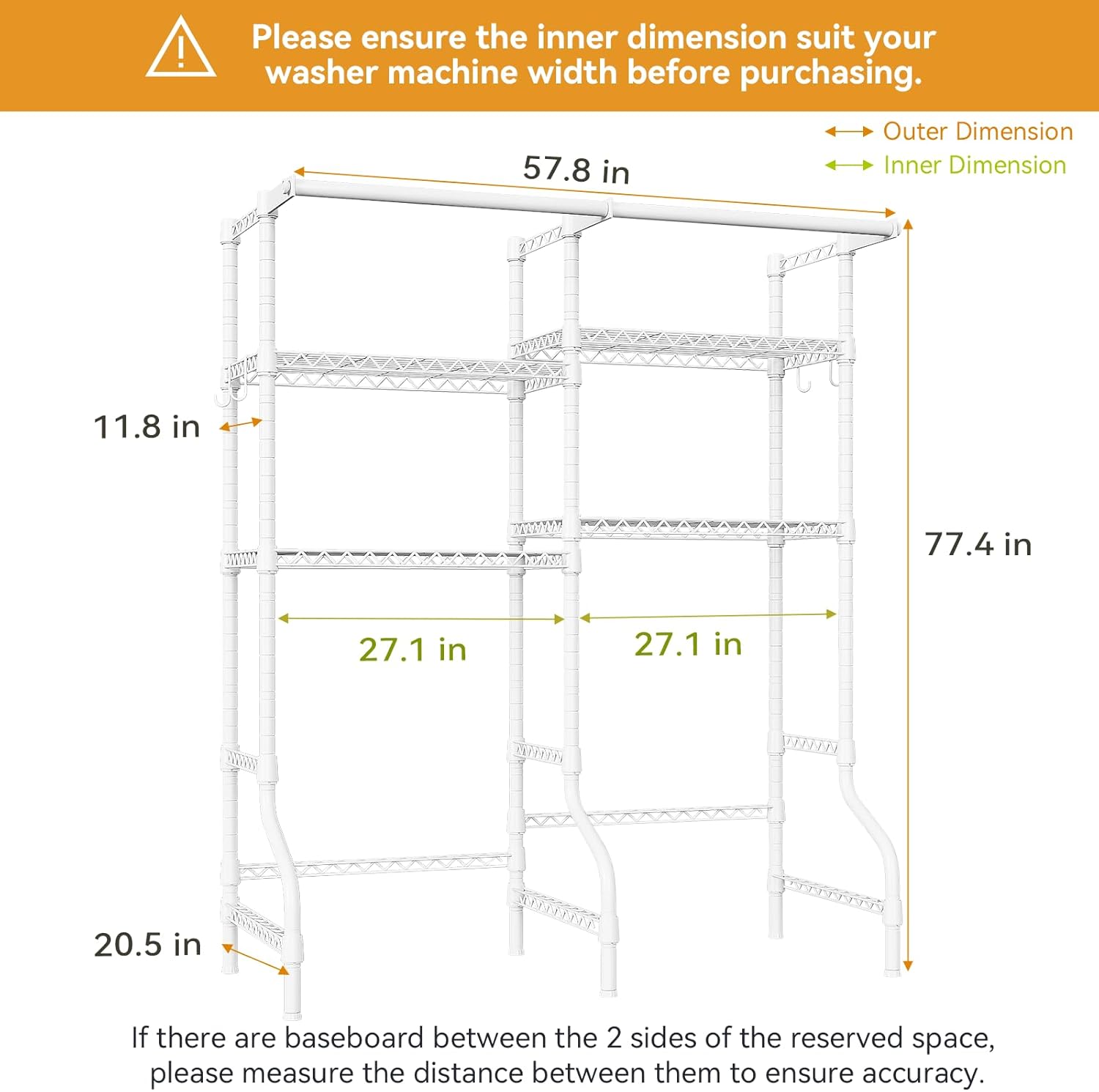 ULIFHOME U14 Medium Over the Washer and Dryer Shelves, 4 Tiers Laundry Room Storage and Organizer System, Space Saving Clothes Drying Rack with 2 Clothes Hanger Rods, 57.8'W x 20.5'D x 77.4'H, White