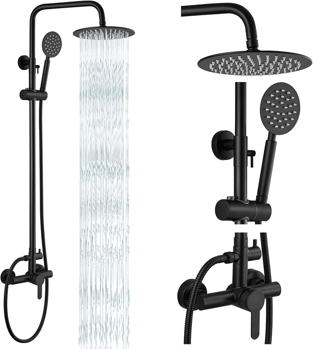 gotonovo SUS304 Outdoor Shower Fixtures High Pressure Rainfall Shower System Combo Wall Mount 2 Dual Function 8 Inch Shower Head and Round Handheld Spray Single Handle Shower Faucet Set Matte Black