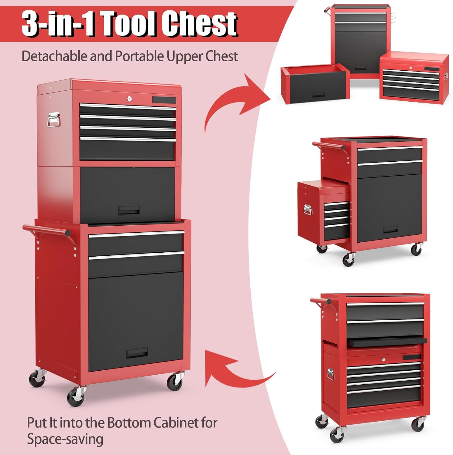 S AFSTAR 6-Drawer Rolling Tool Chest, High Capacity Tool Storage Cabinet with 4 Hooks, Locking System and Universal Wheels, 3-in-1 Detachable Toolbox for Garage, Workshop, Black and Red