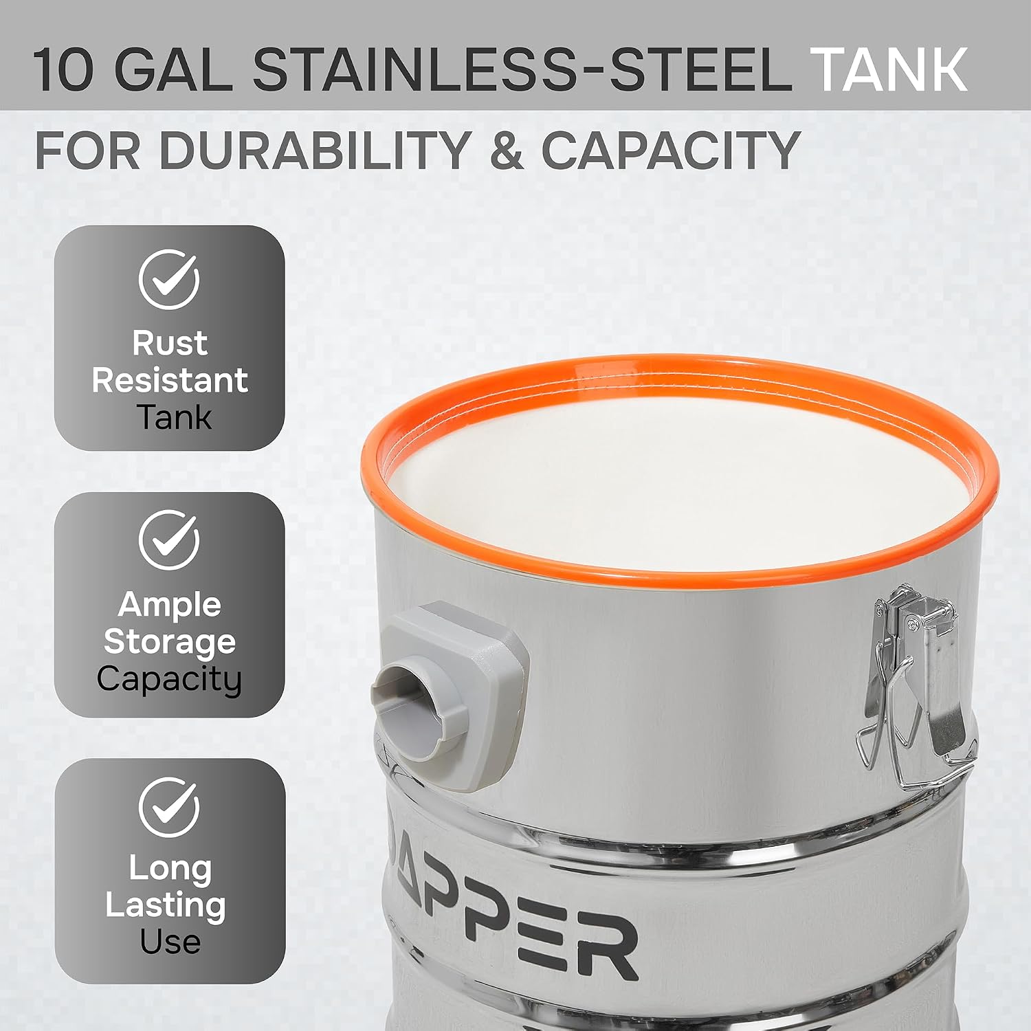 Dapper Supply 10 Gallon 4.0 Peak HP Wet/Dry Vacuum, Stainless Steel Tank, 3 in 1 Function Portable Shop Vacuum with Attachments, Ideal for Jobsite, Garage & Workshop.