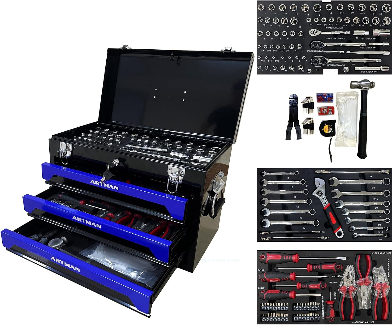 3-Drawer Tool Chest with 439-Piece Mechanics Tool Set | Heavy-Duty Steel Portable Tool Box with Complete Socket & Wrench Kit for Workshop, Garage, and Home Use (Black & Blue)