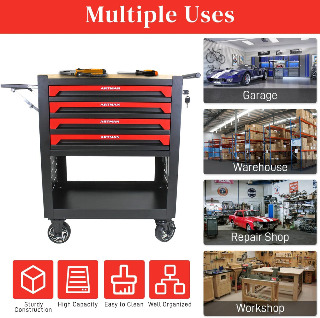 Rolling Tool Cart with 4-Drawer Wood Top Utility Tool Chest on Wheels Mechanic Tool Storage Organizer Cabinet for Garage, Warehouse, Workshop, Repair Shop (Red)