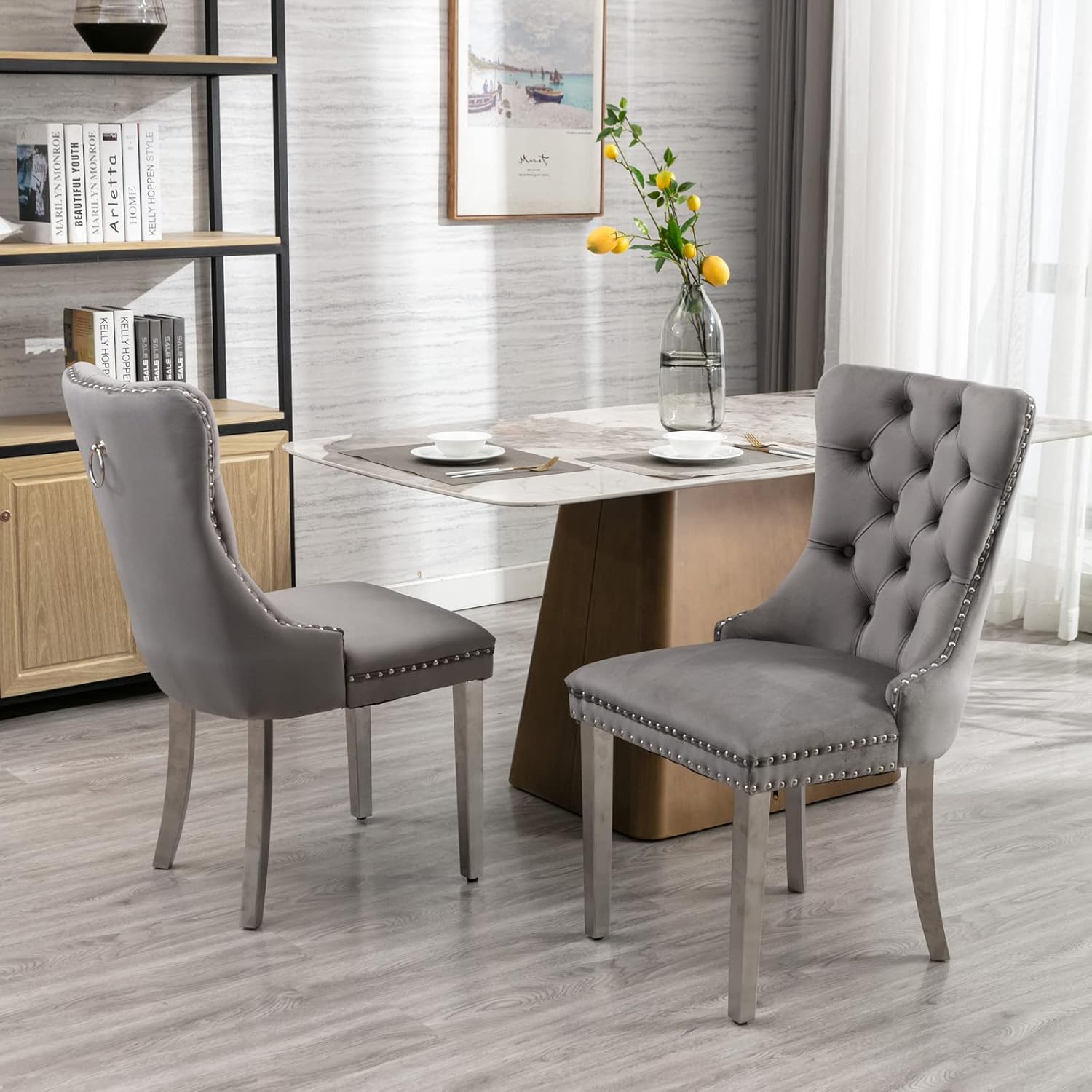 Ball & Cast Contemporary Upholstered Dining Chairs Set of 2, Velvet Button Tufted Kitchen Side-Chairs with Hang Ring & Nailhead Trims & Chrome Solid Wood Legs, 2-Piece Traditional Chair, Chrome+Gray