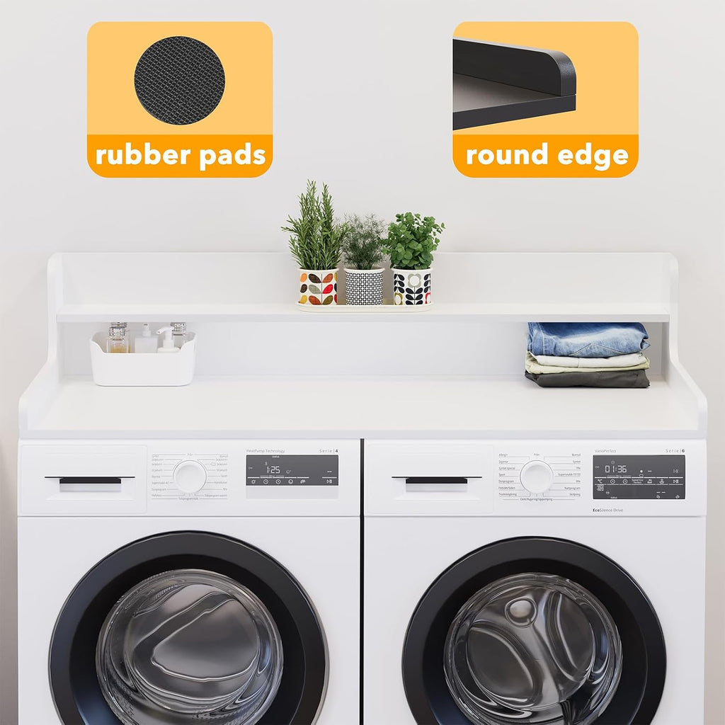 SpaceAid Washer Dryer Countertop with 2-Tier Shelf, Wood Topper with Edge, 54' Width x 27.5' Depth Cover Organizer Guard for Washer and Dryer Counter Laundry Hamper Storage (White)