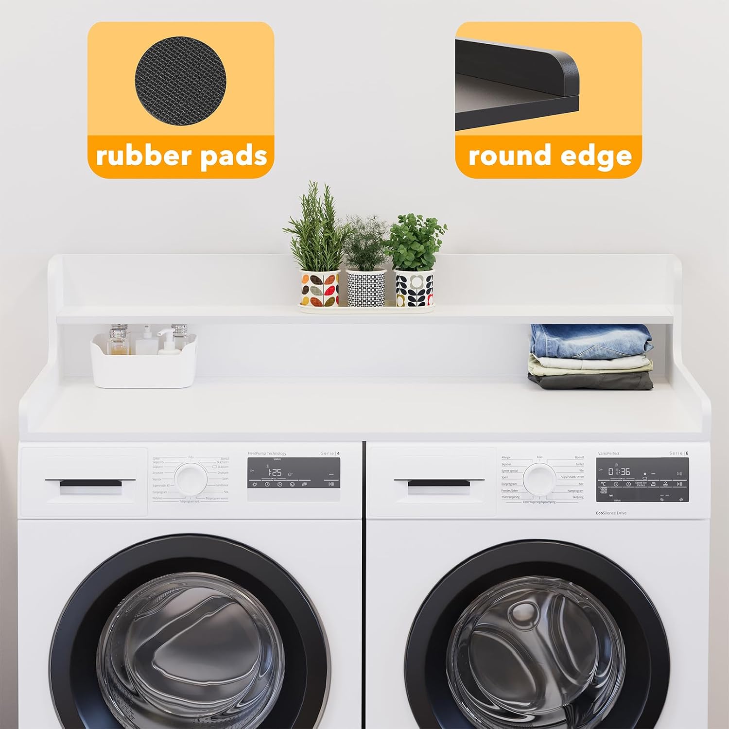 SpaceAid Washer Dryer Countertop with 2-Tier Shelf, Wood Topper with Edge, 54' Width x 27.5' Depth Cover Organizer Guard for Washer and Dryer Counter Laundry Hamper Storage (White)