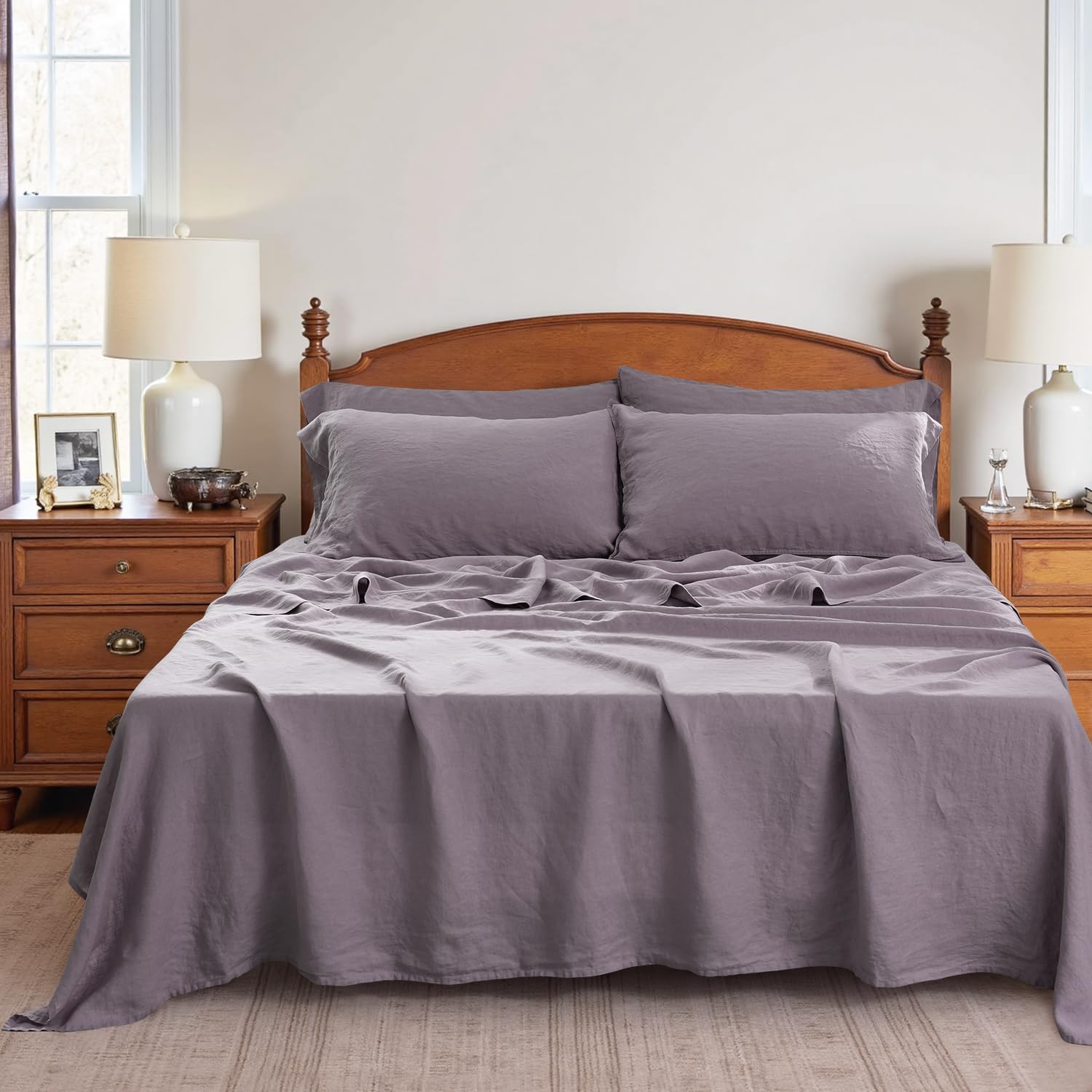 S VICTORY SYMBOL 100% Organic Linen Sheets Set King Size,Washed French Flax Bed Sheets 4 Pieces(2 Pillowcases,1 Fitted Sheet,1 Flat Sheet) 16inch Deep Pockt,Breathable,Dusty Purple